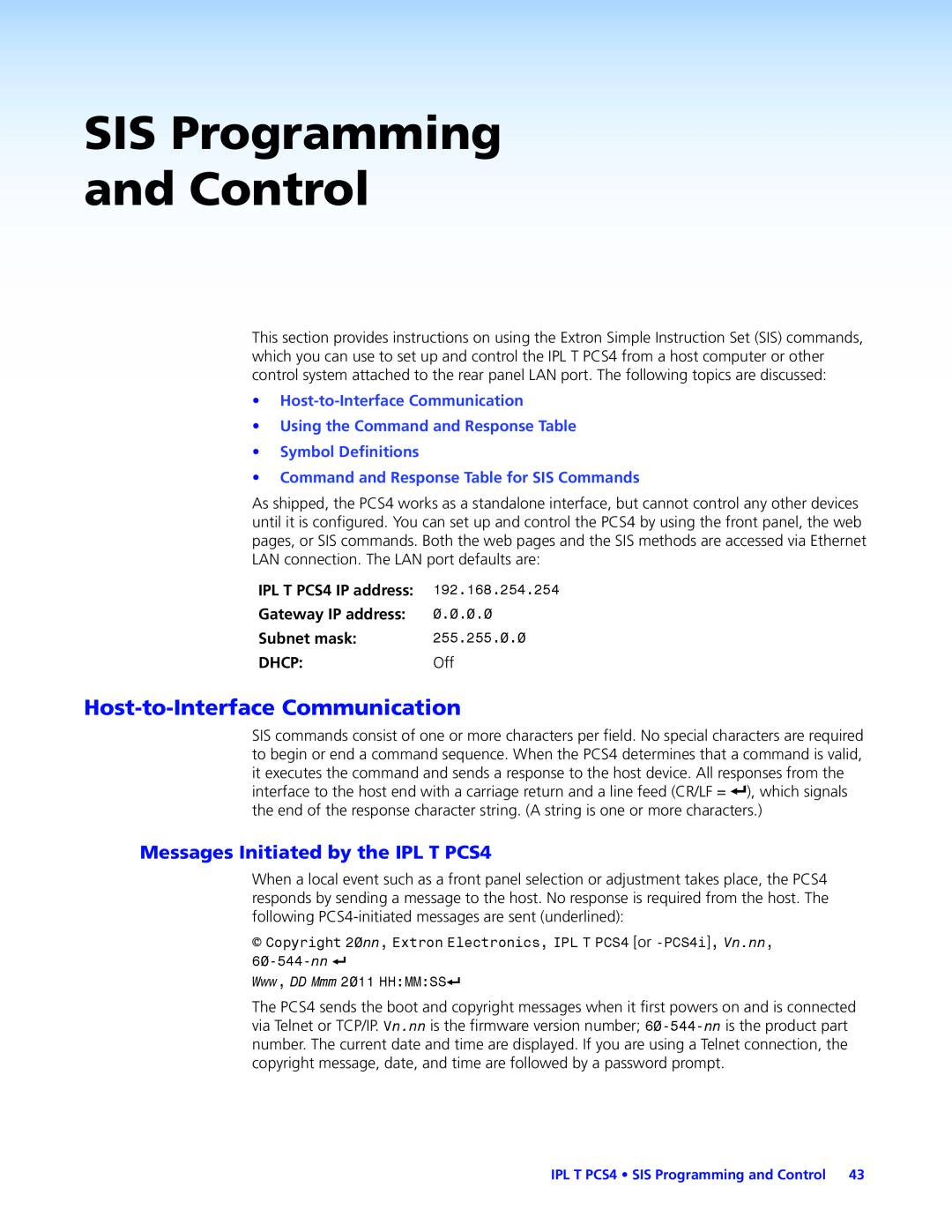 Extron electronic IPL T PCS4 SIS Programming and Control, Host-to-Interface Communication, Subnet mask, Gateway IP address 