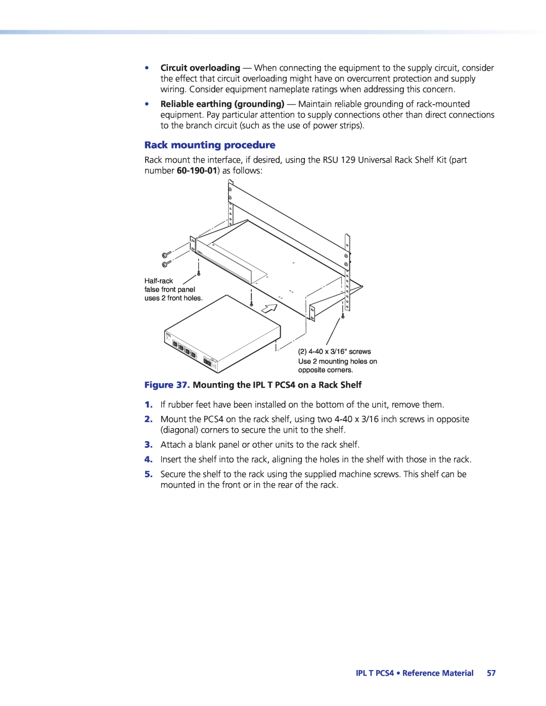 Extron electronic IPL T PCS4i manual Rack mounting procedure, Mounting the IPL T PCS4 on a Rack Shelf 
