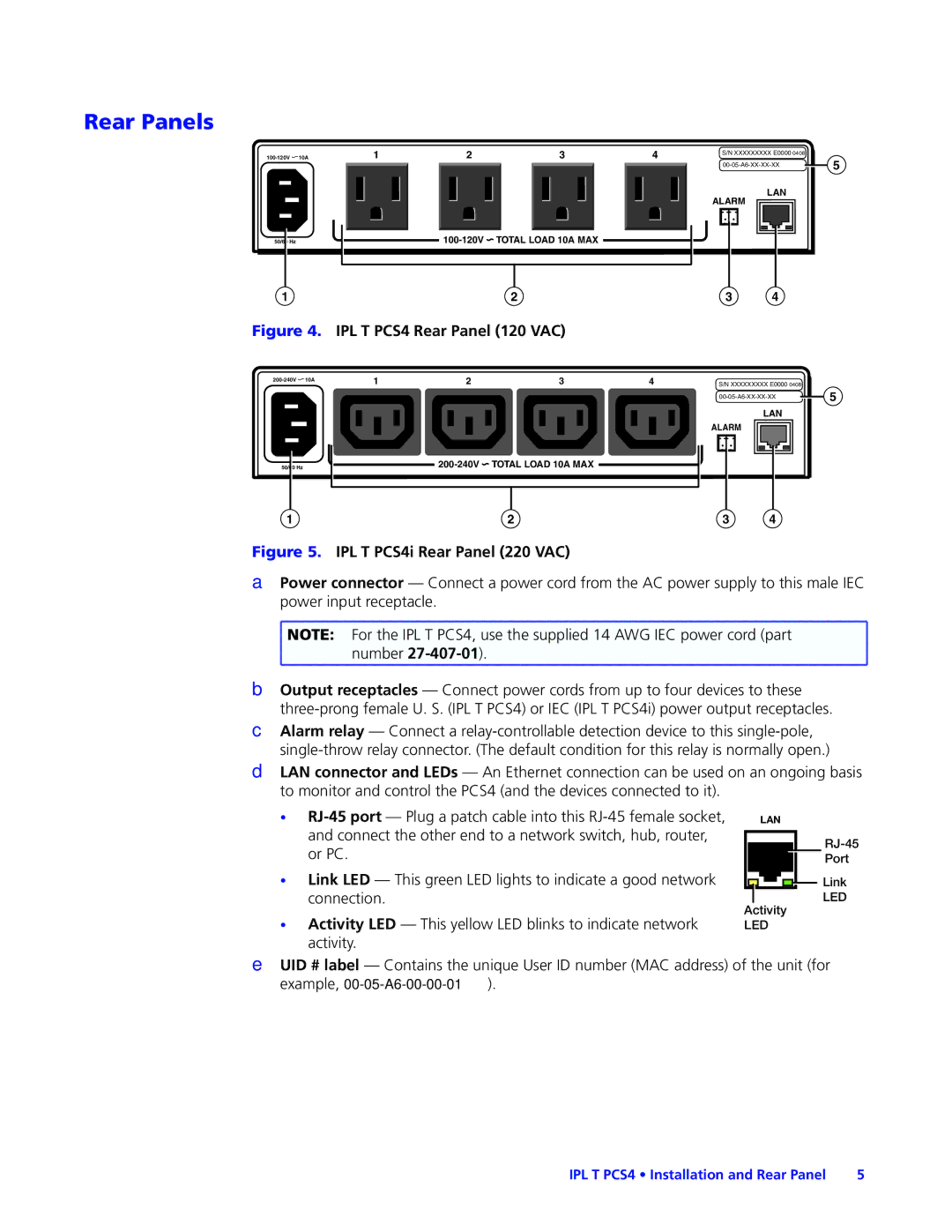 Extron electronic manual Rear Panels, IPL T PCS4i Rear Panel 220 VAC 