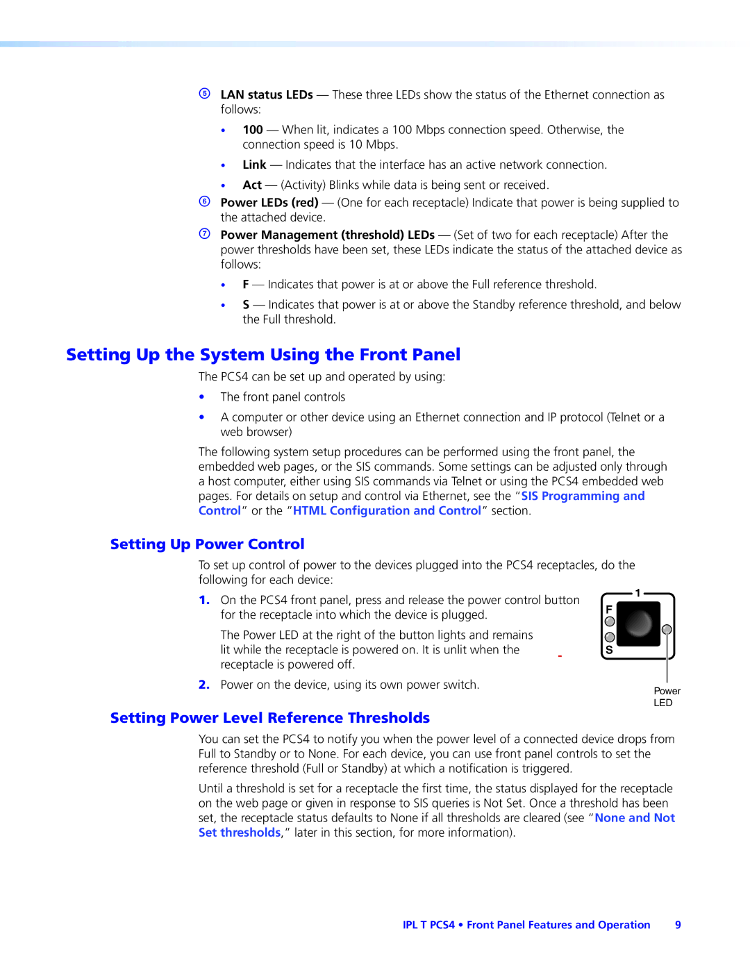 Extron electronic IPL T PCS4i manual Setting Up the System Using the Front Panel, Setting Up Power Control 