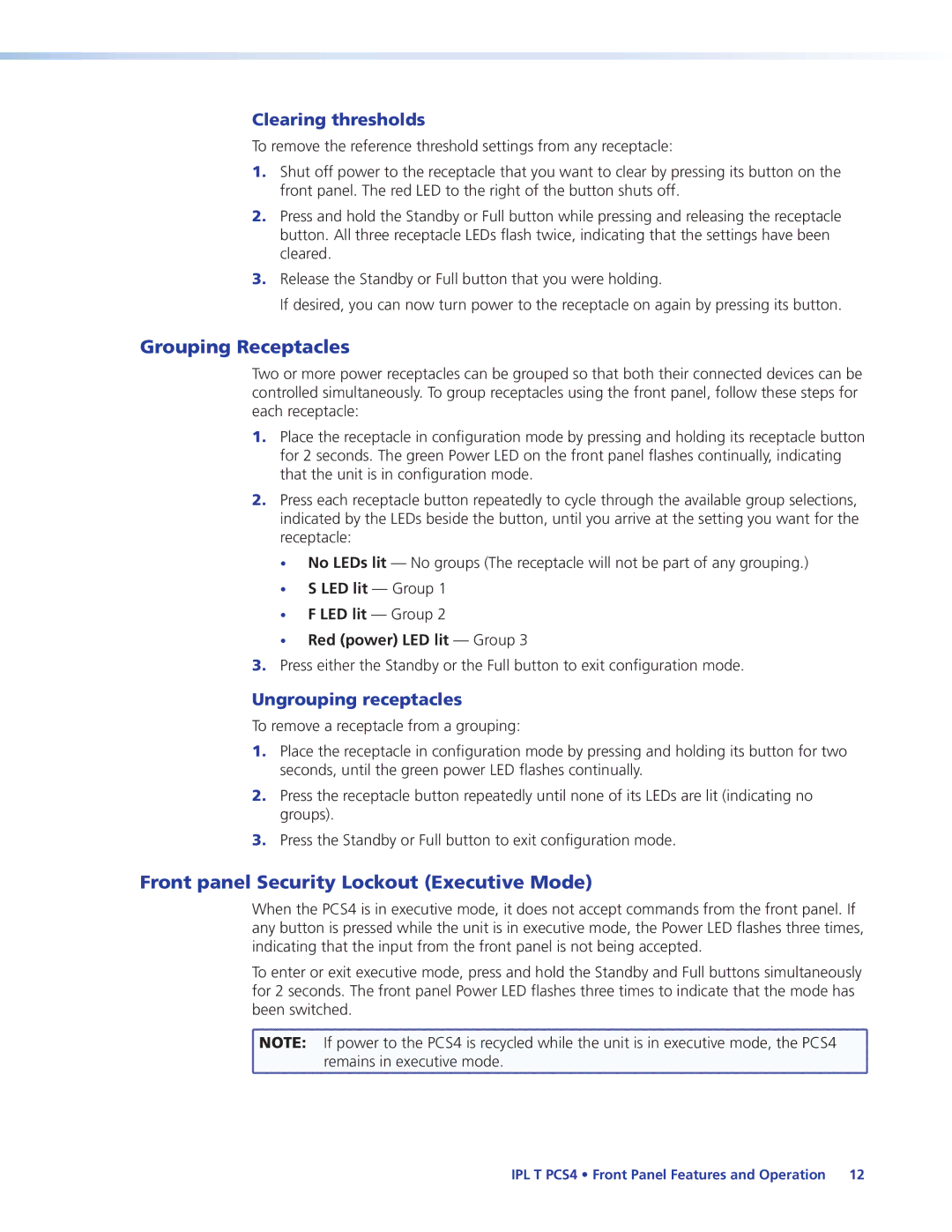 Extron electronic IPL T PCS4i manual Grouping Receptacles, Front panel Security Lockout Executive Mode, Clearing thresholds 