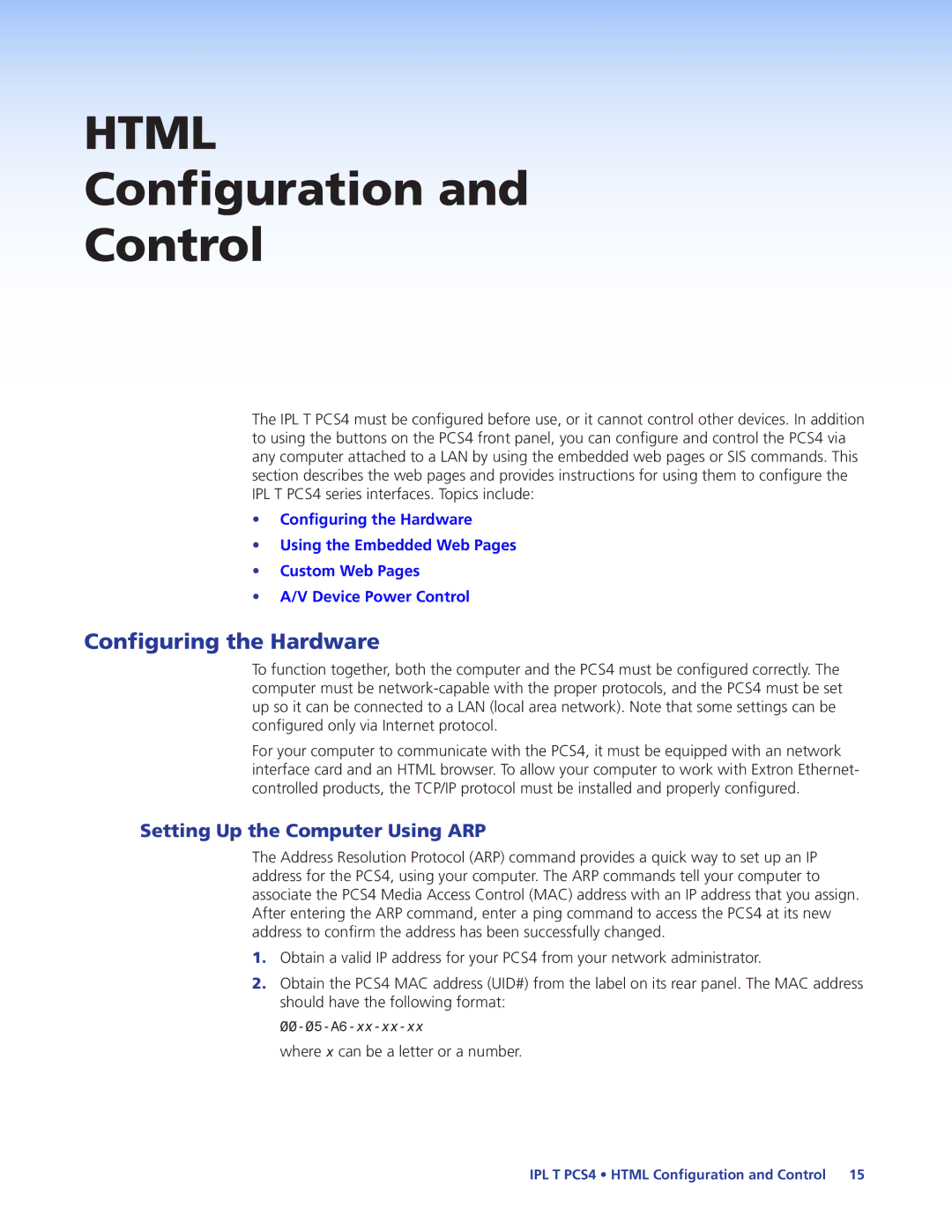 Extron electronic IPL T PCS4 manual Configuration Control, Configuring the Hardware, Setting Up the Computer Using ARP 