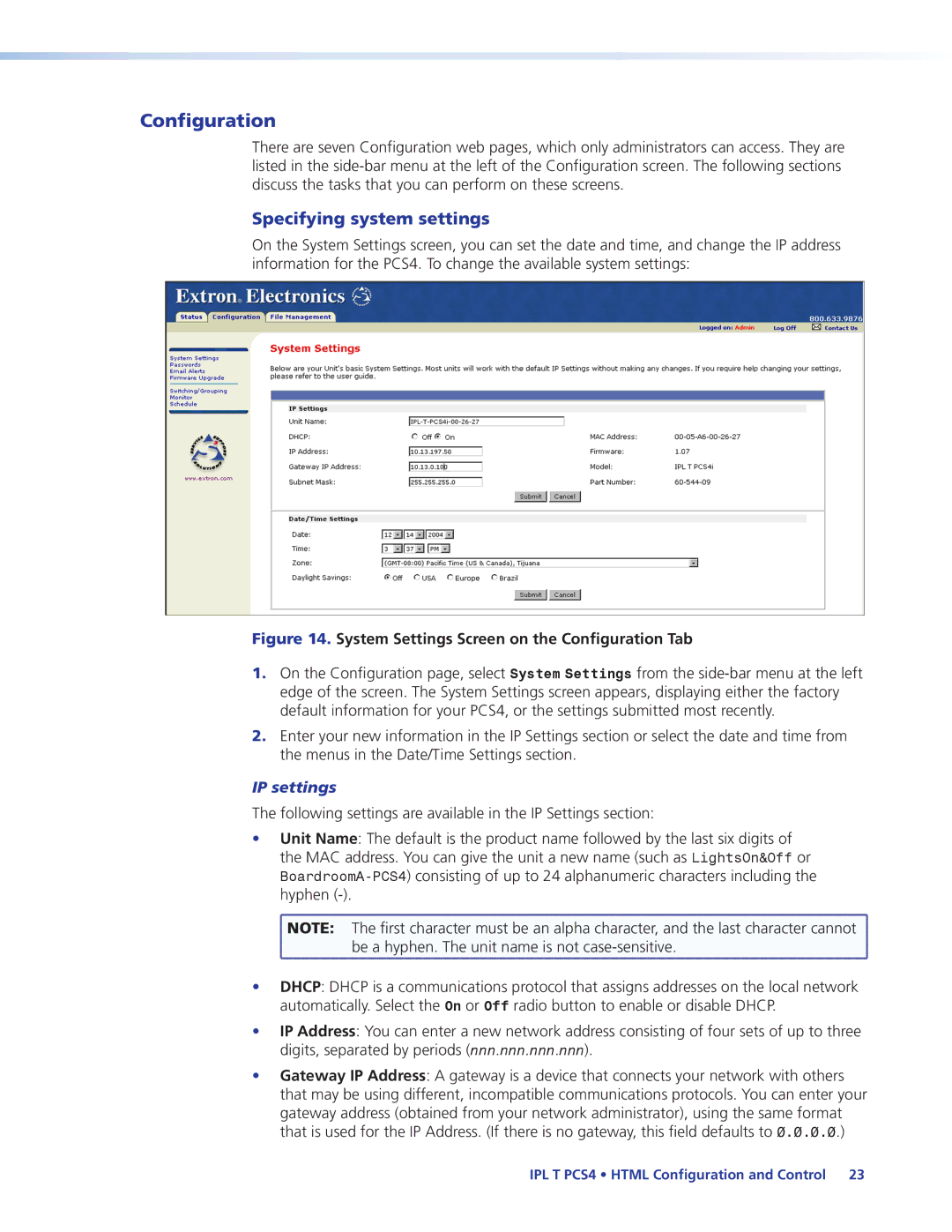 Extron electronic IPL T PCS4i manual Configuration, Specifying system settings, IP settings 