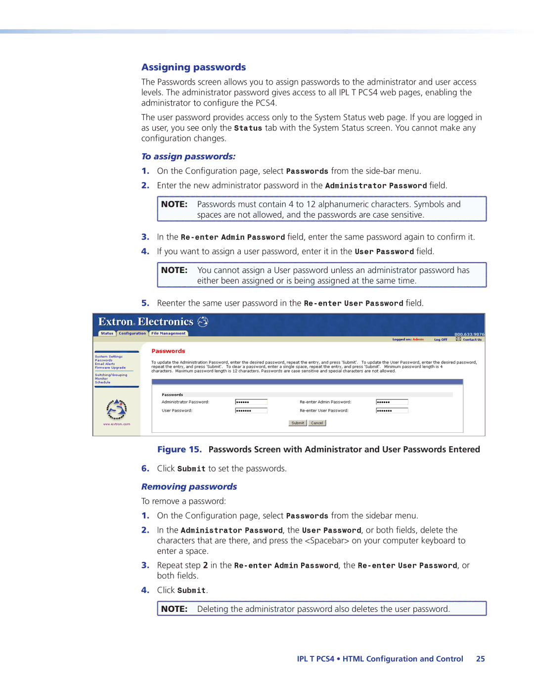 Extron electronic IPL T PCS4i manual Assigning passwords, To assign passwords, Removing passwords 