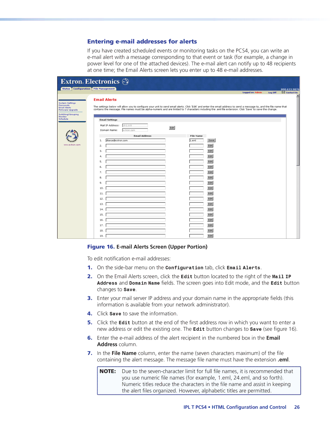 Extron electronic IPL T PCS4i manual Entering e-mail addresses for alerts, Mail Alerts Screen Upper Portion 