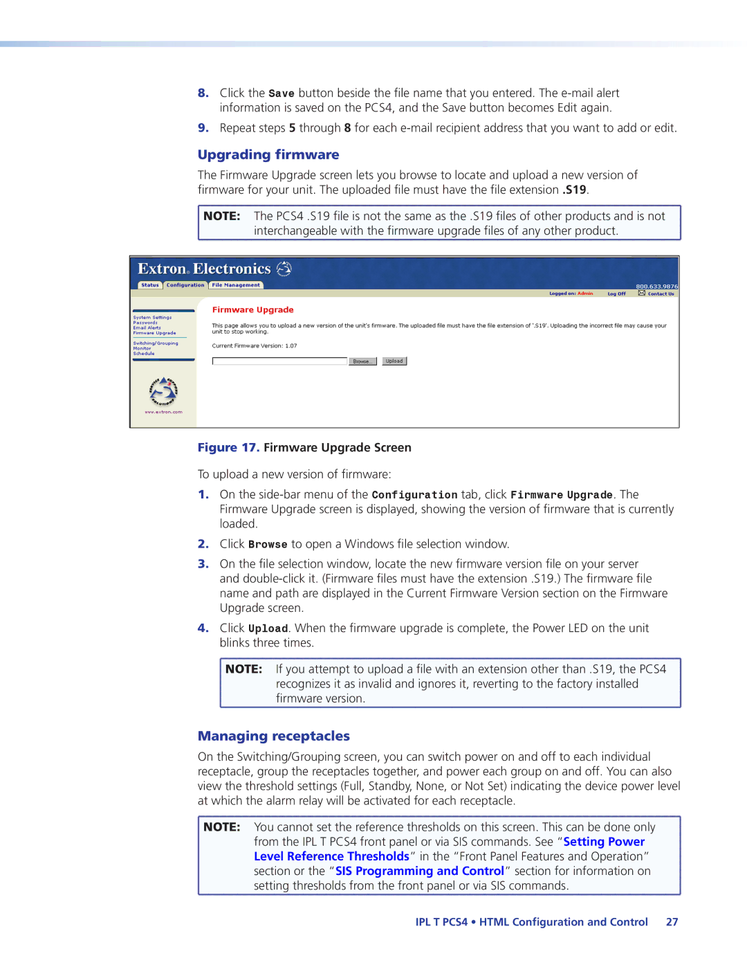 Extron electronic IPL T PCS4i manual Upgrading firmware, Managing receptacles 