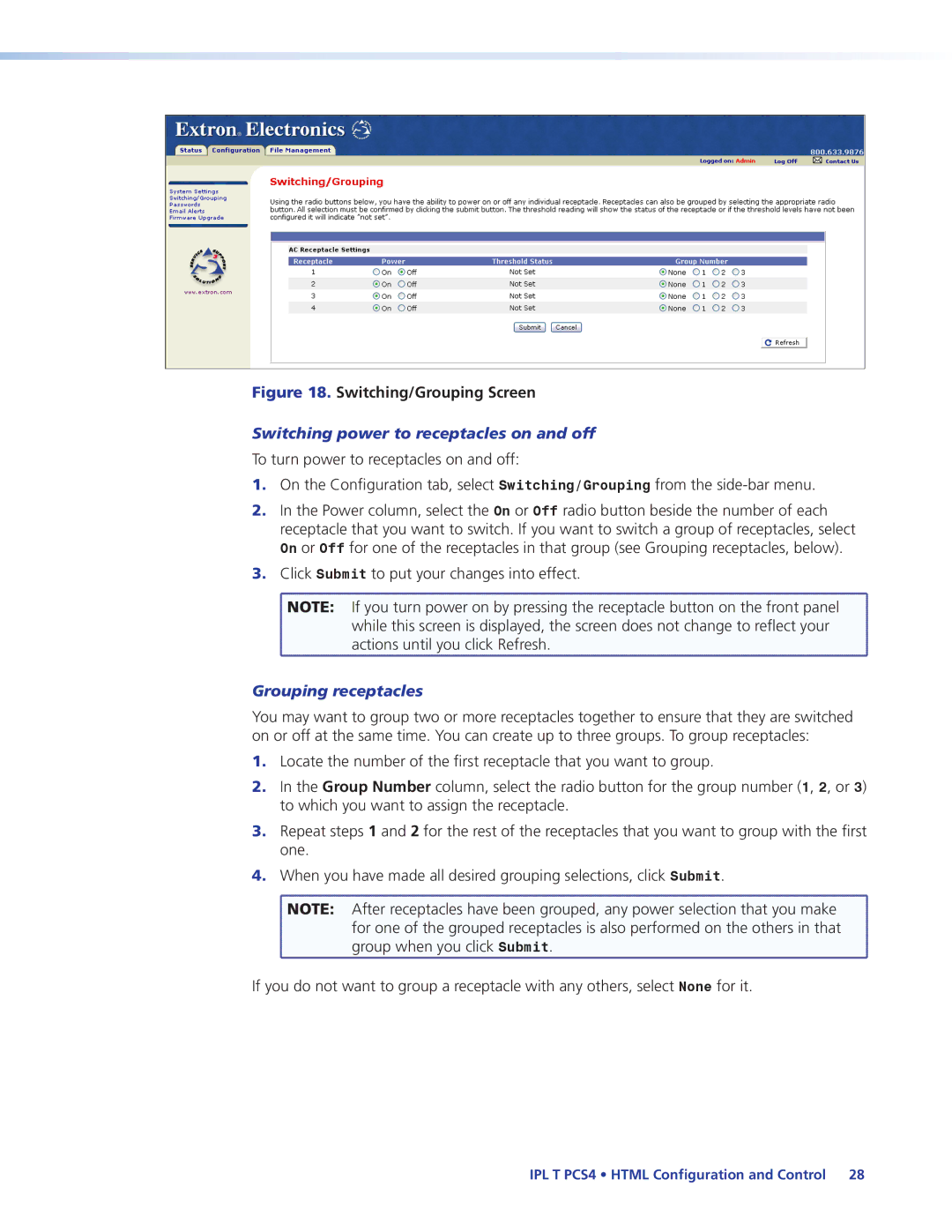 Extron electronic IPL T PCS4i manual Switching power to receptacles on and off, Grouping receptacles 