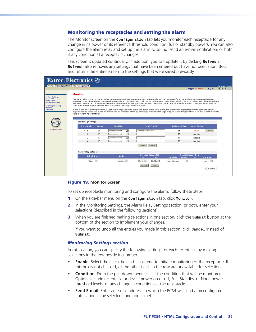 Extron electronic IPL T PCS4i manual Monitoring the receptacles and setting the alarm, Monitoring Settings section 