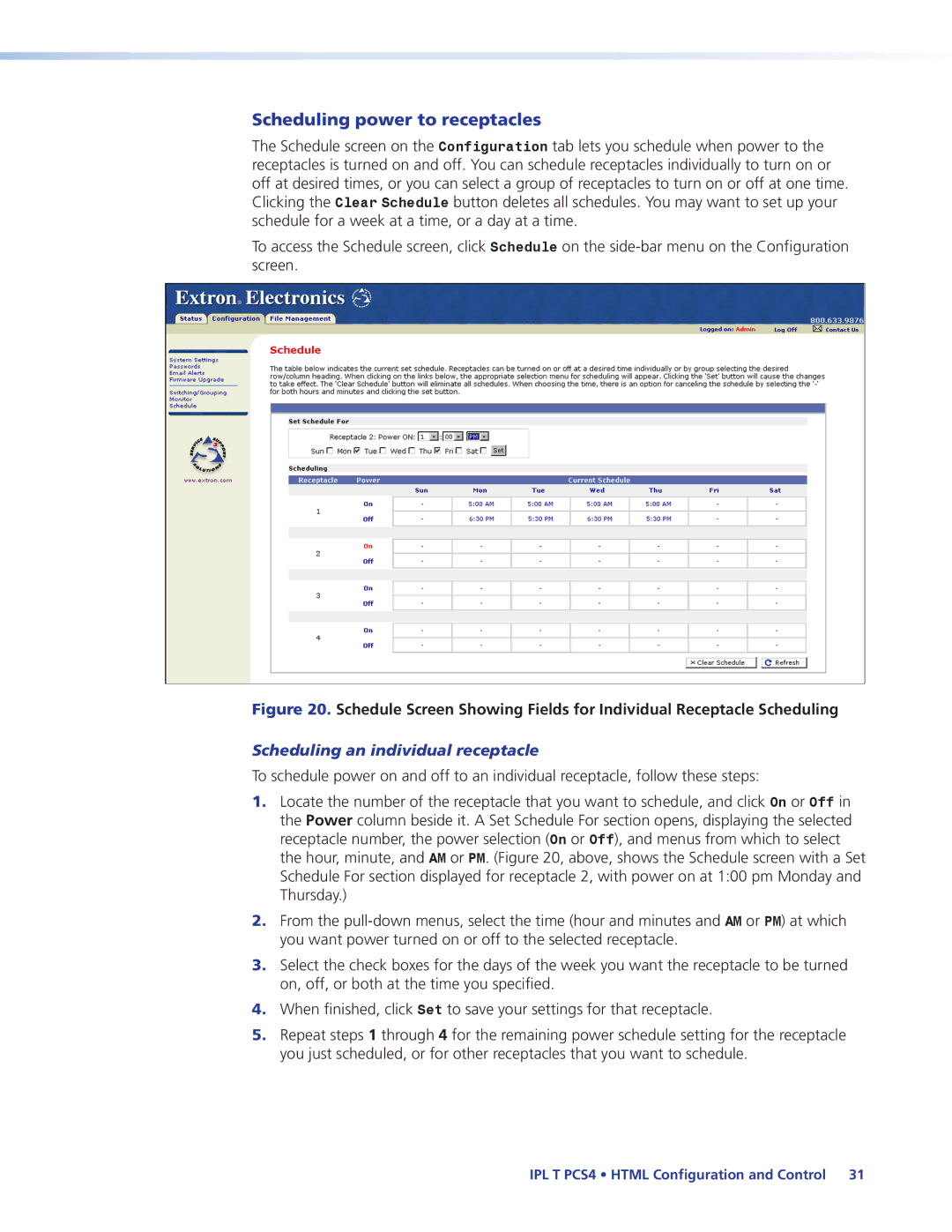 Extron electronic IPL T PCS4i manual Scheduling power to receptacles, Scheduling an individual receptacle 