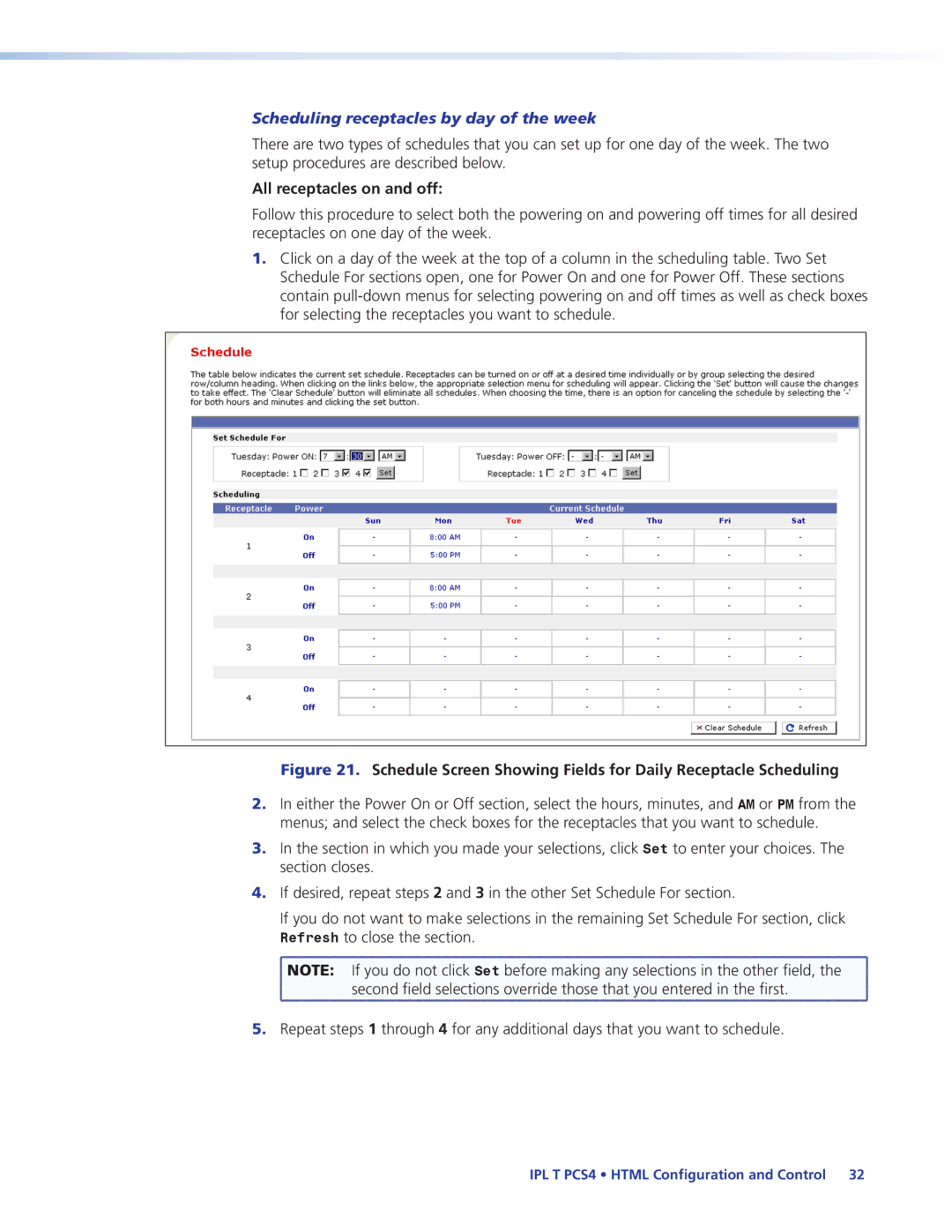 Extron electronic IPL T PCS4i manual Scheduling receptacles by day of the week, All receptacles on and off 