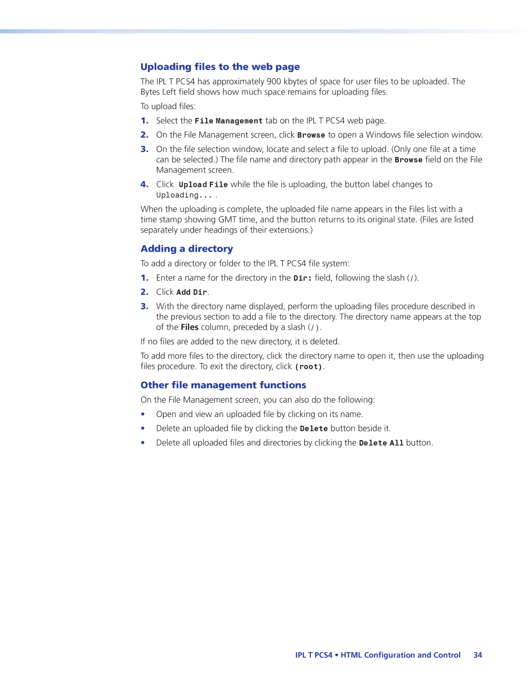 Extron electronic IPL T PCS4i manual Uploading files to the web, Adding a directory, Other file management functions 