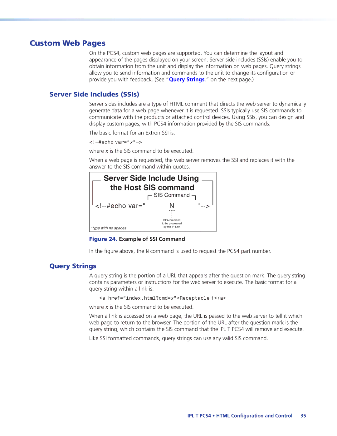 Extron electronic IPL T PCS4i manual Custom Web Pages, Server Side Includes SSIs, Query Strings 