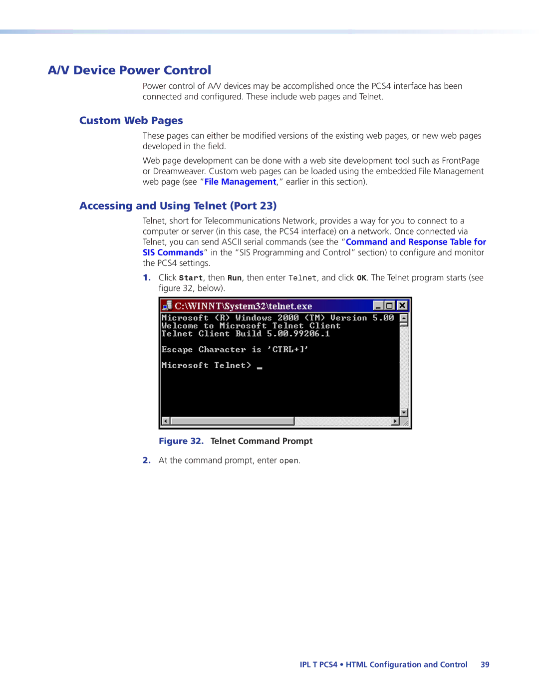 Extron electronic IPL T PCS4i manual Device Power Control, Custom Web Pages, Accessing and Using Telnet Port 