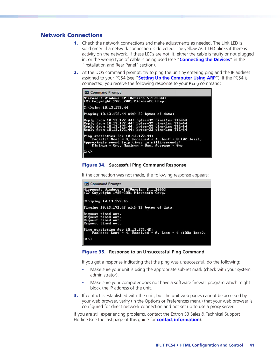 Extron electronic IPL T PCS4i manual Network Connections, Successful Ping Command Response 