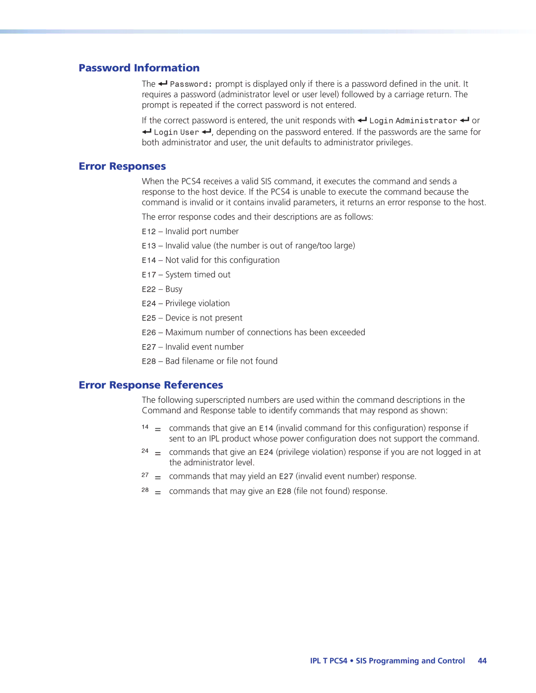 Extron electronic IPL T PCS4i manual Password Information, Error Responses, Error Response References 