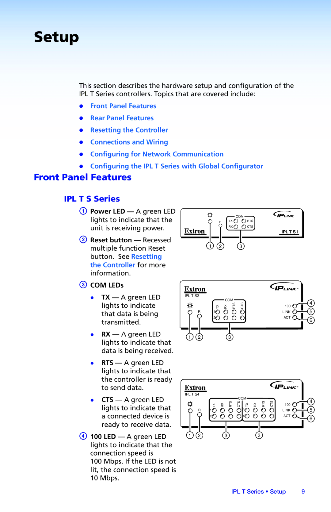 Extron electronic IPL T SFI244, IPL T S Series setup guide Setup, Front Panel Features 