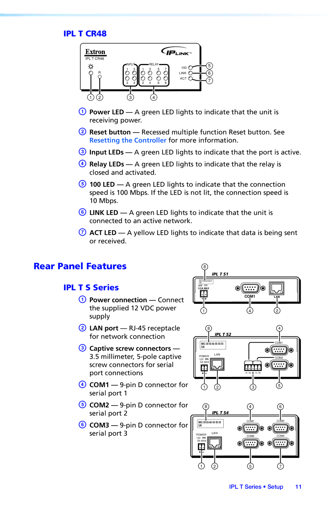 Extron electronic IPL T SFI244, IPL T S Series setup guide Rear Panel Features, IPL T S4 