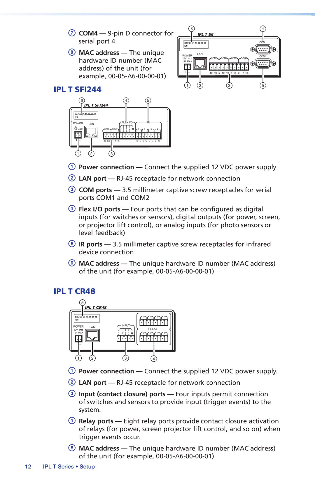 Extron electronic IPL T S Series, IPL T SFI244 setup guide COM4 9-pin D connector for serial port 