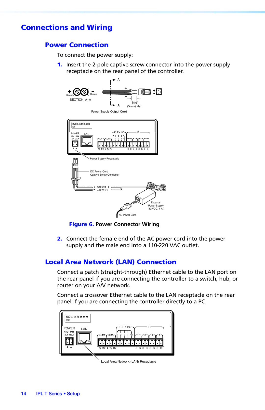 Extron electronic IPL T S Series, IPL T SFI244 Connections and Wiring, Power Connection, Local Area Network LAN Connection 