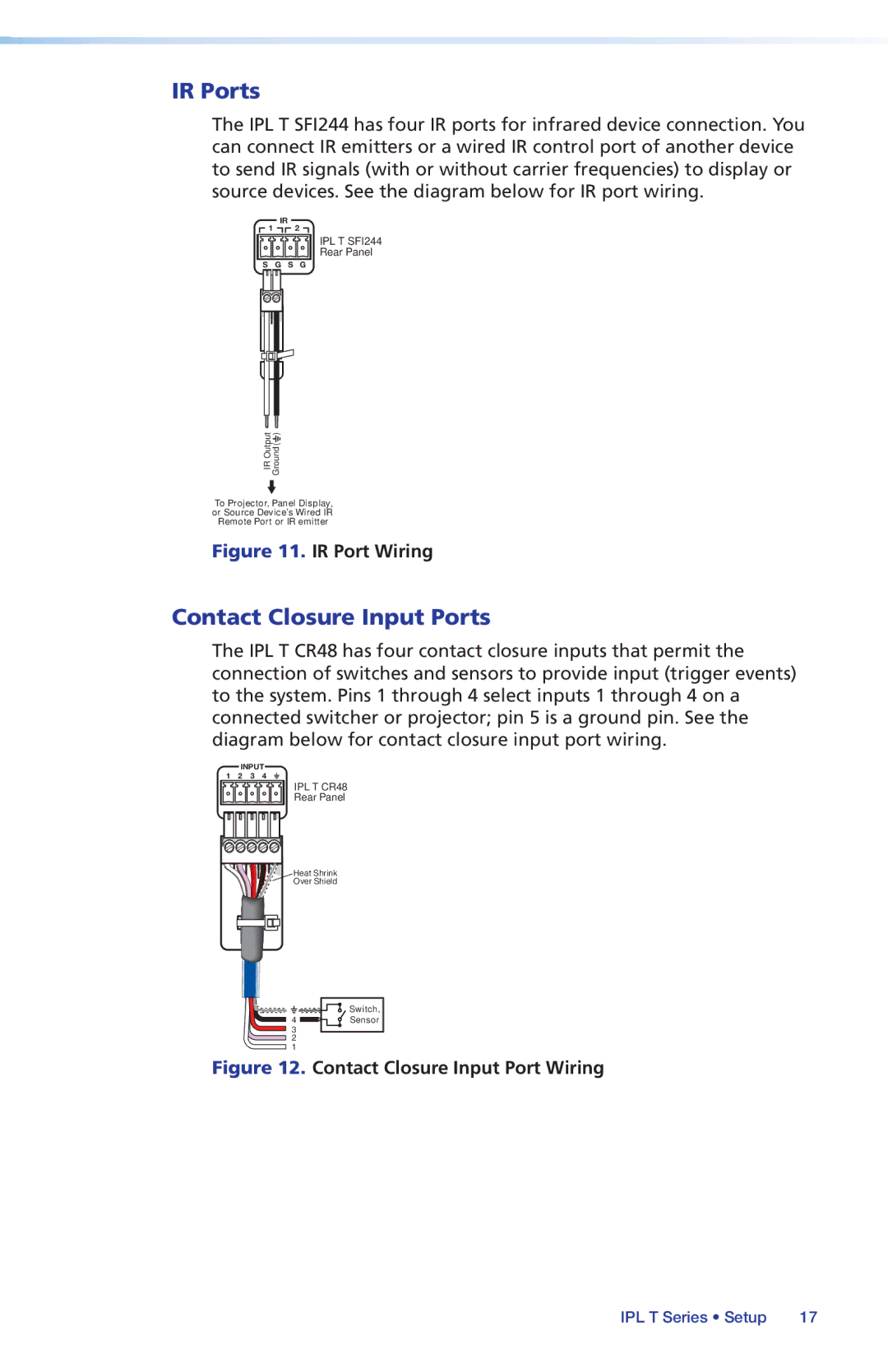 Extron electronic IPL T SFI244, IPL T S Series setup guide IR Ports, Contact Closure Input Ports 