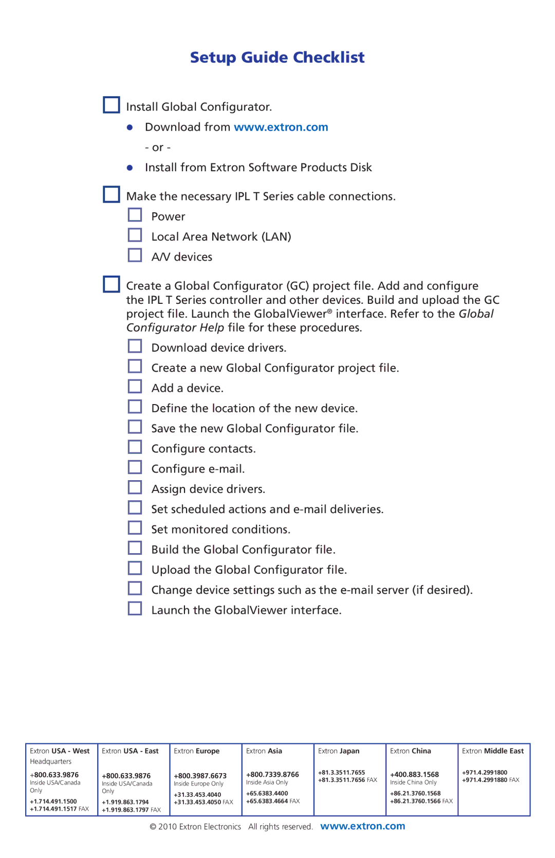 Extron electronic IPL T SFI244, IPL T S Series setup guide Setup Guide Checklist, +400.883.1568 