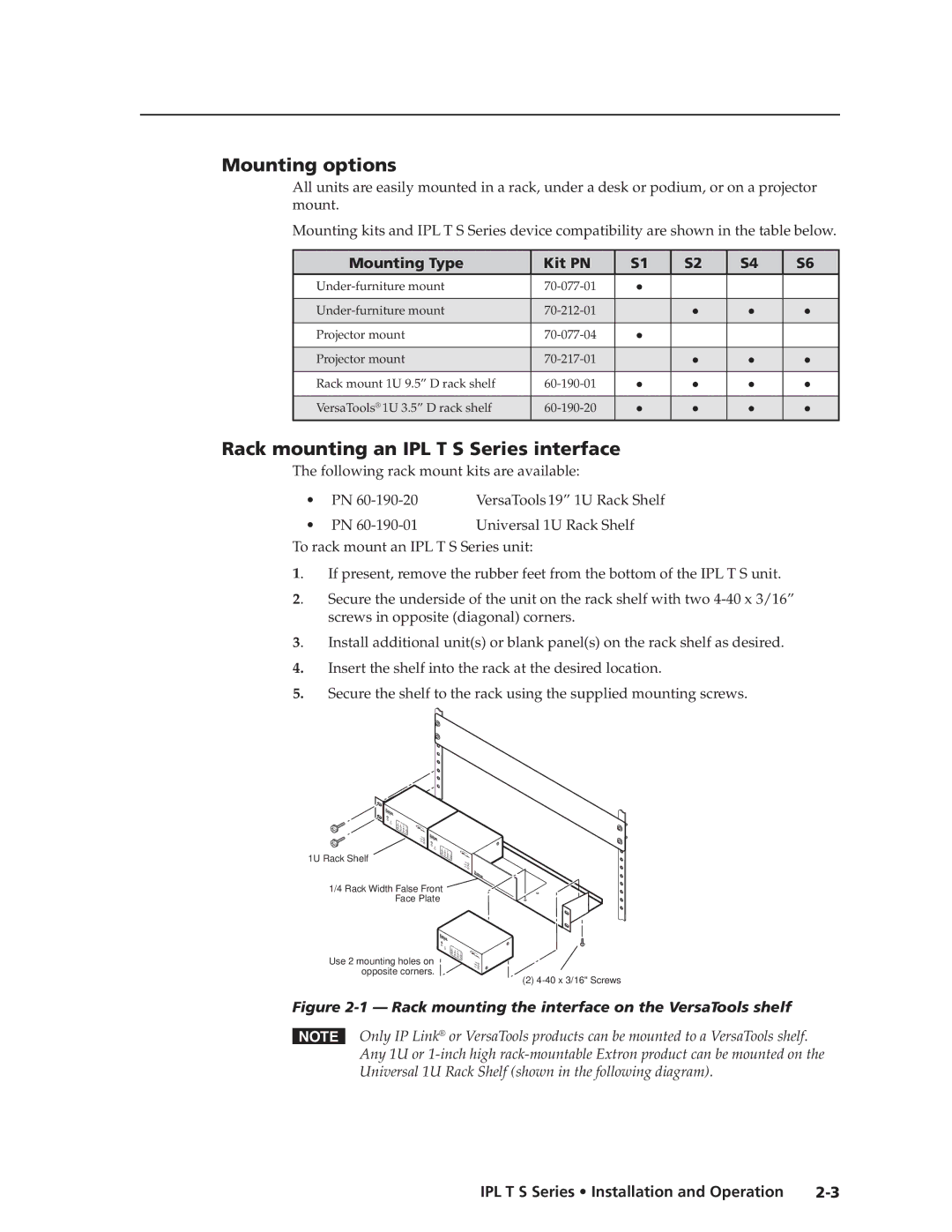 Extron electronic manual Mounting options, Rack mounting an IPL T S Series interface, Mounting Type Kit PN 