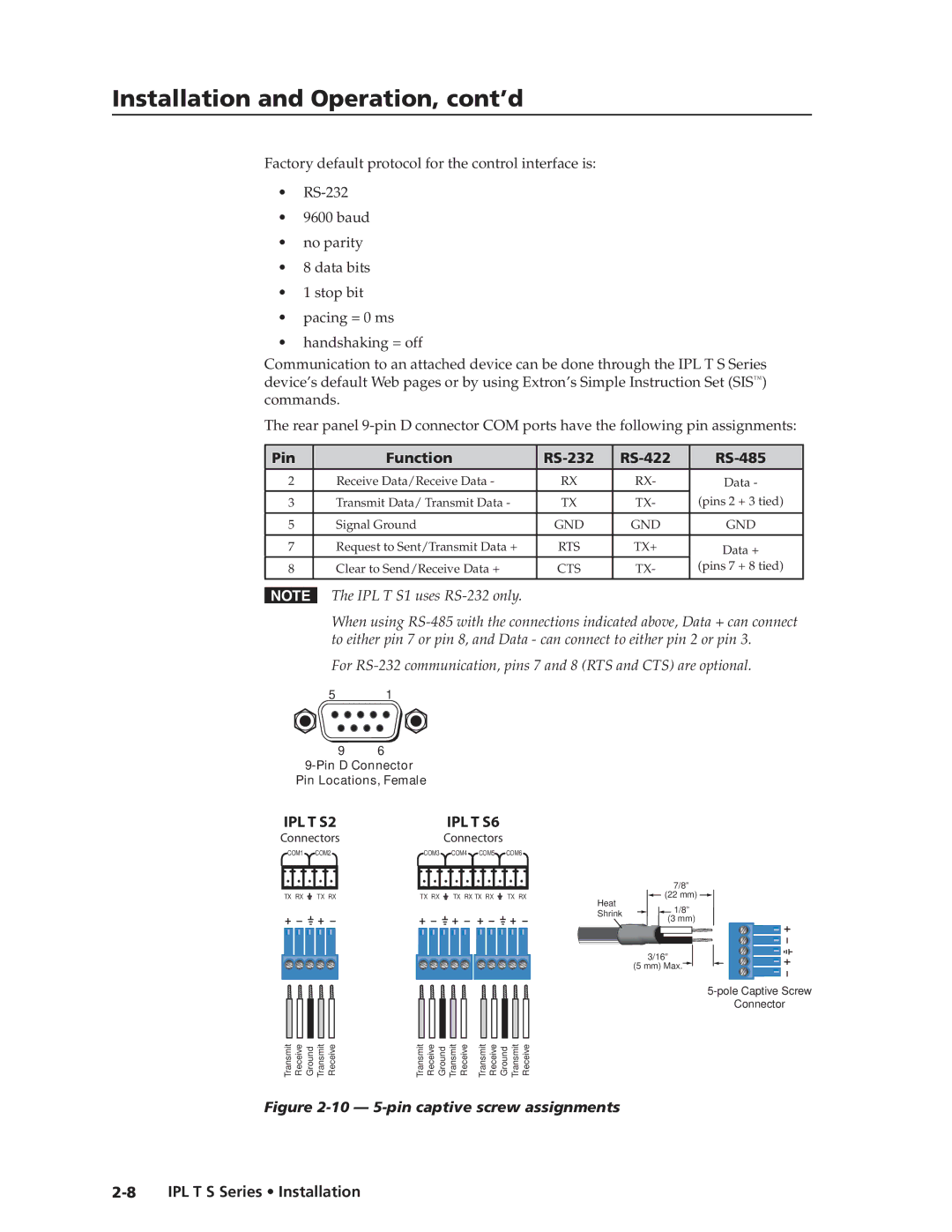 Extron electronic manual Pin Function RS-232 RS-422 RS-485, IPL T S Series Installation 