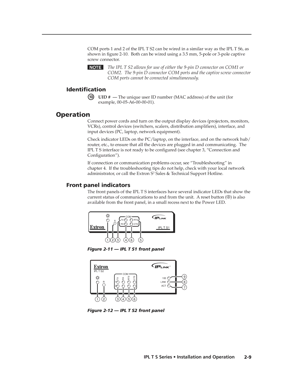 Extron electronic IPL T S Series manual Operation, Identification, Front panel indicators, Example, 00-05-A6-00-00-01 