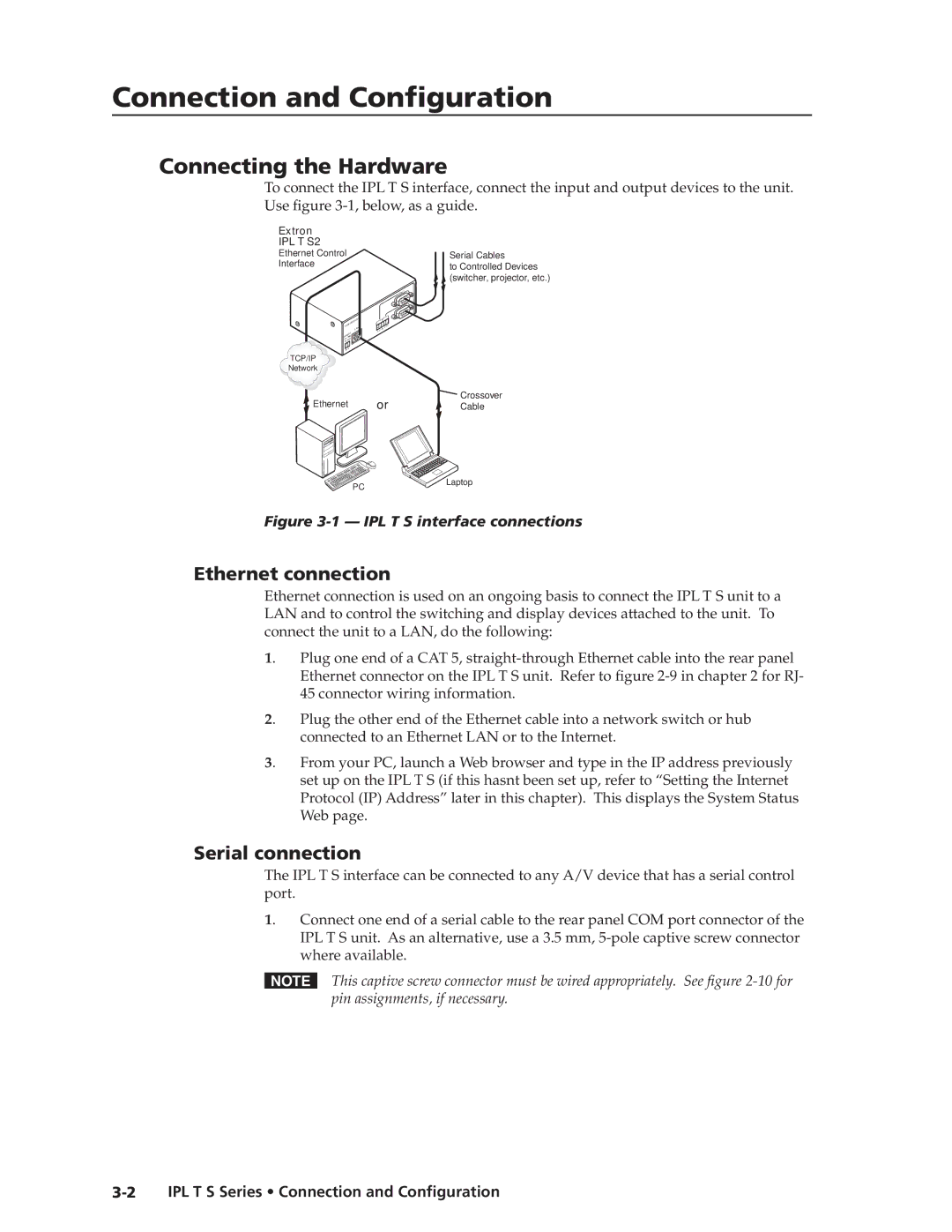 Extron electronic IPL T S Series manual Connection and Configuration, Connecting the Hardware, Ethernet connection 