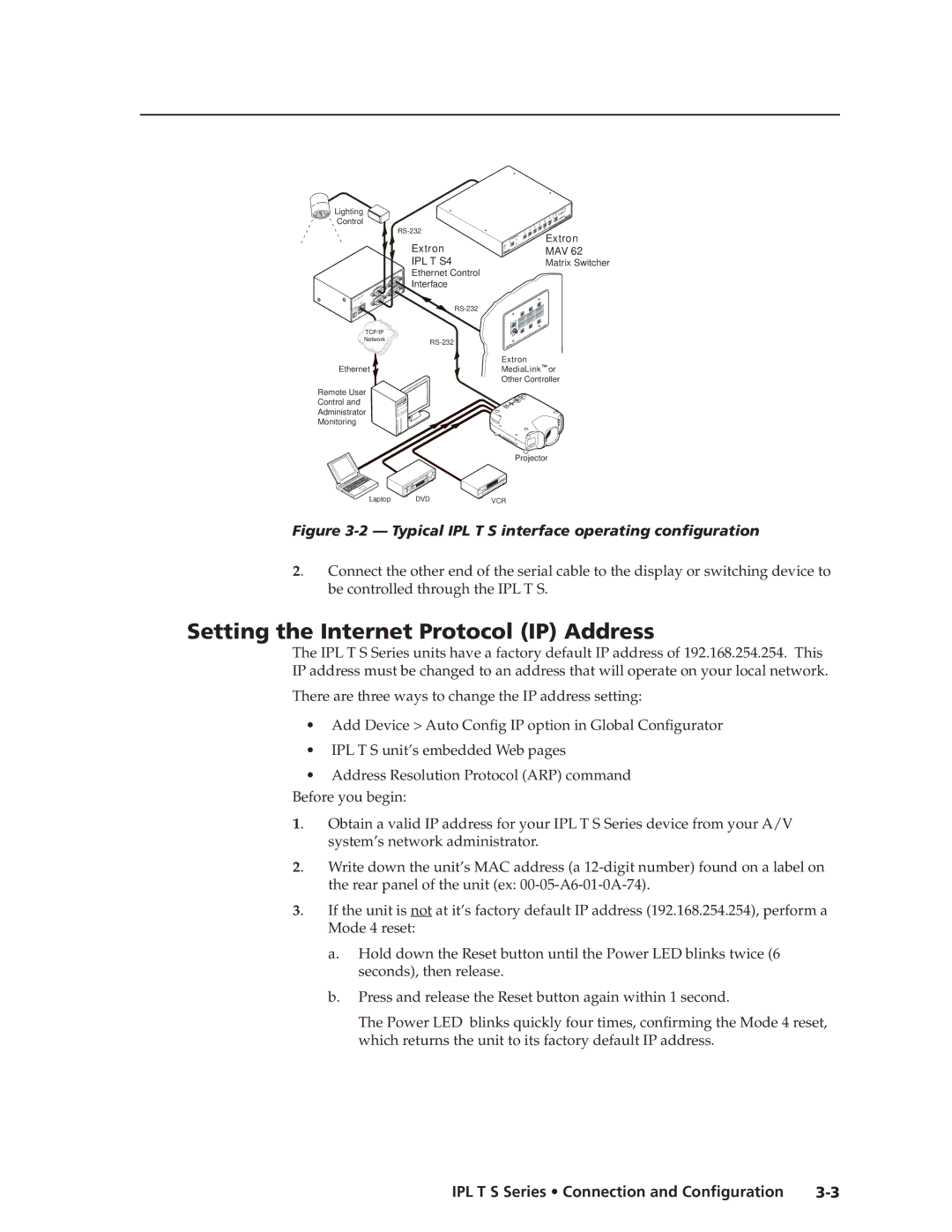 Extron electronic IPL T S Series Setting the Internet Protocol IP Address, Rear panel of the unit ex 00-05-A6-01-0A-74 