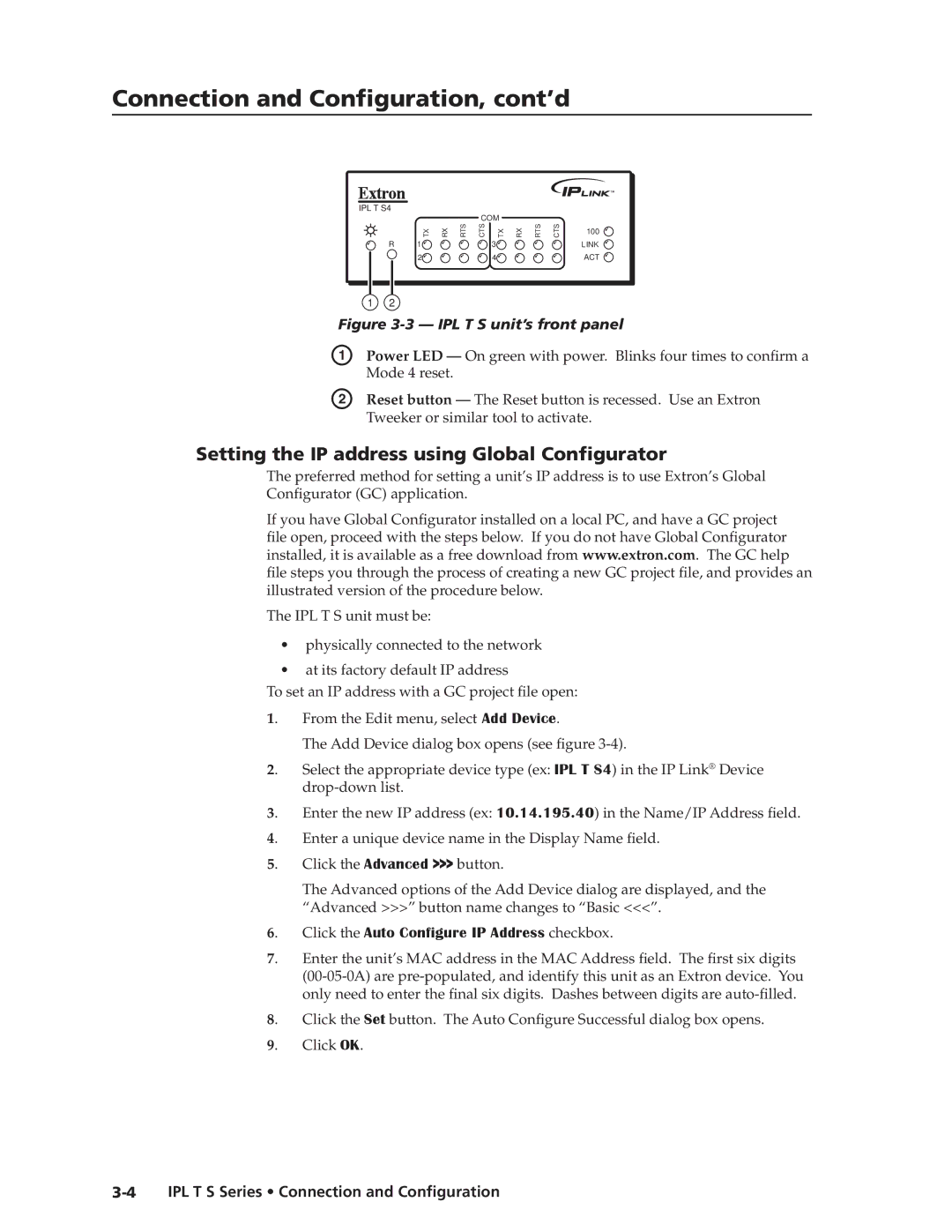 Extron electronic IPL T S Series Setting the IP address using Global Configurator, Add Device dialog box opens see figure 