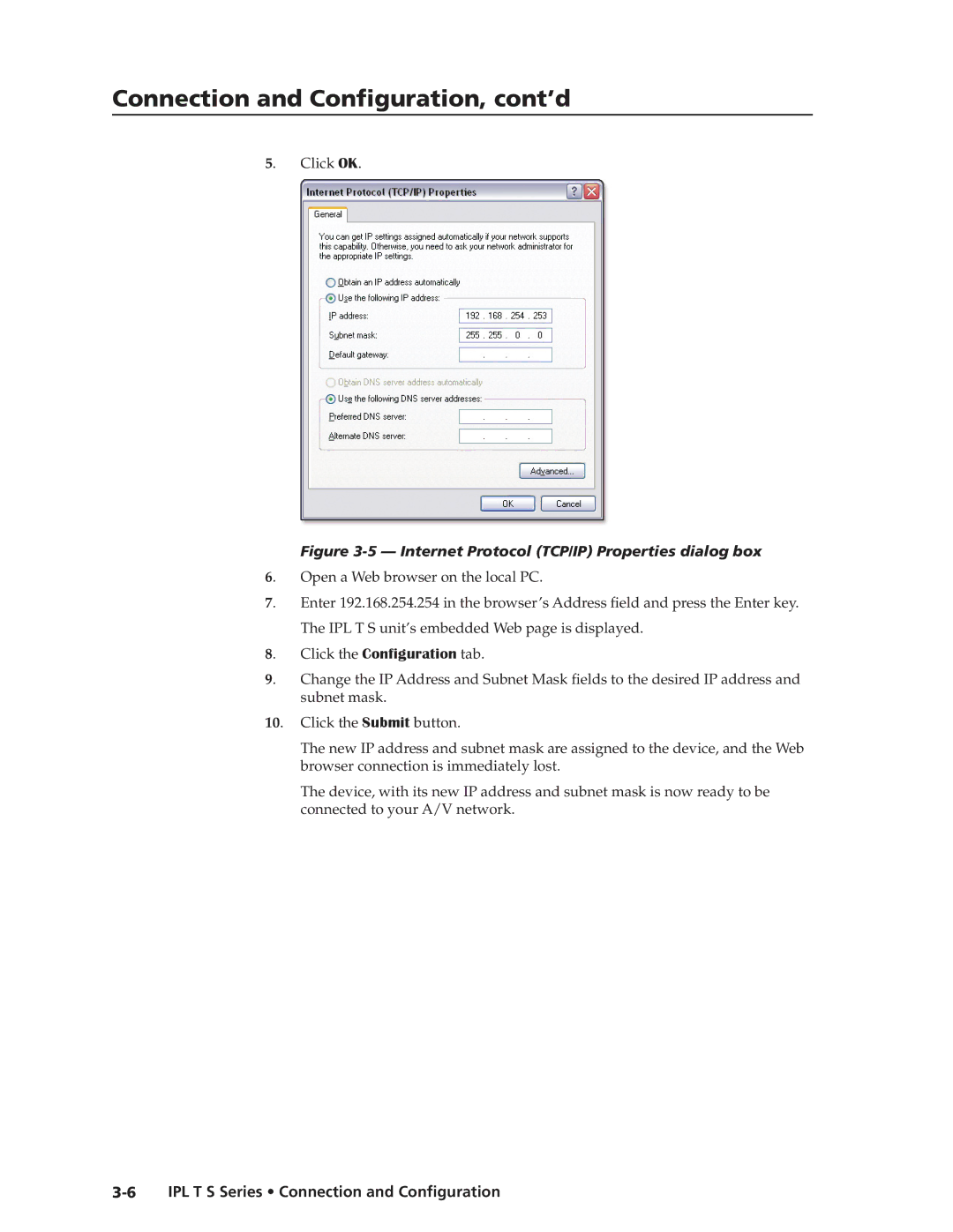 Extron electronic IPL T S Series manual Internet Protocol TCP/IP Properties dialog box 