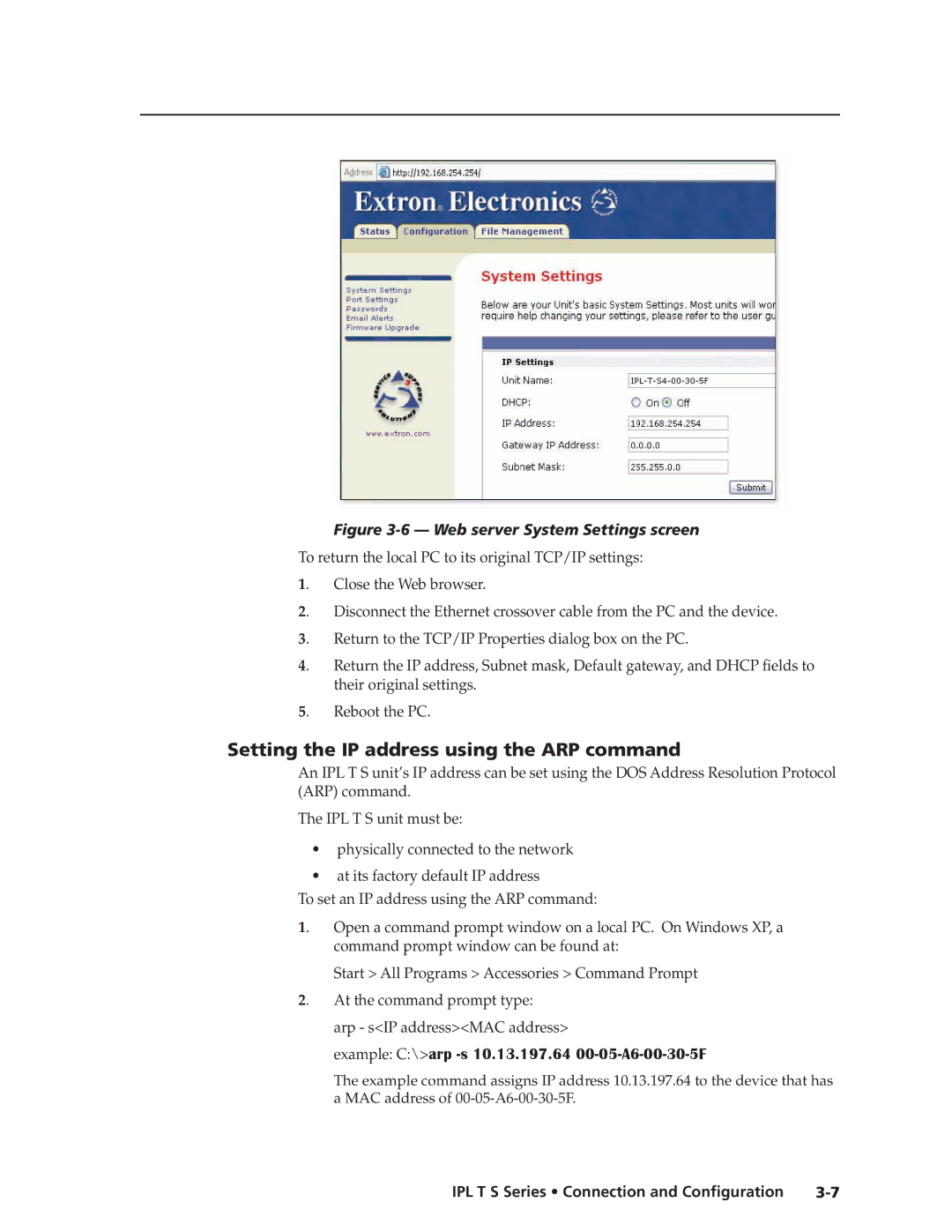 Extron electronic IPL T S Series manual Setting the IP address using the ARP command, Arp sIP addressMAC address 