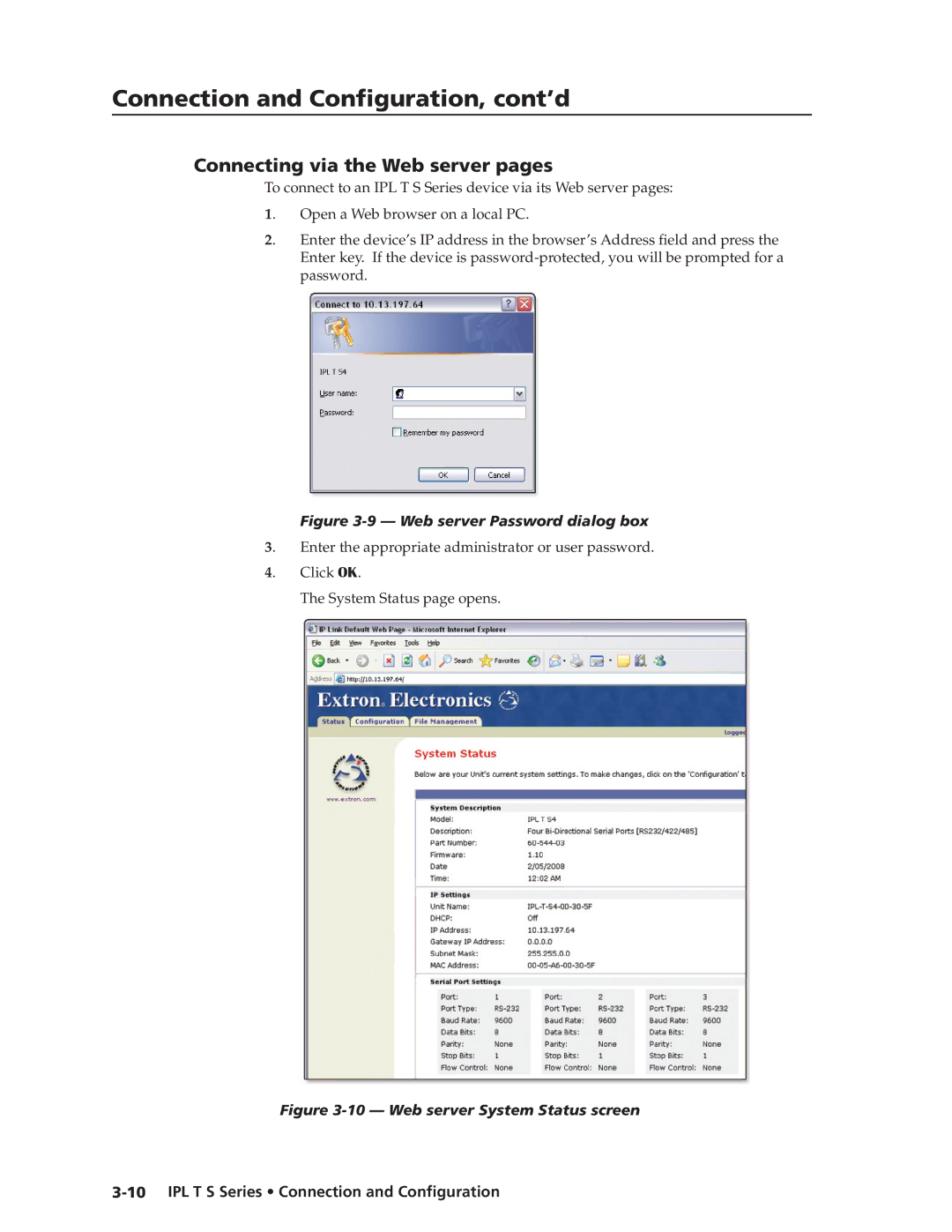 Extron electronic IPL T S Series manual Connecting via the Web server pages, Web server Password dialog box 