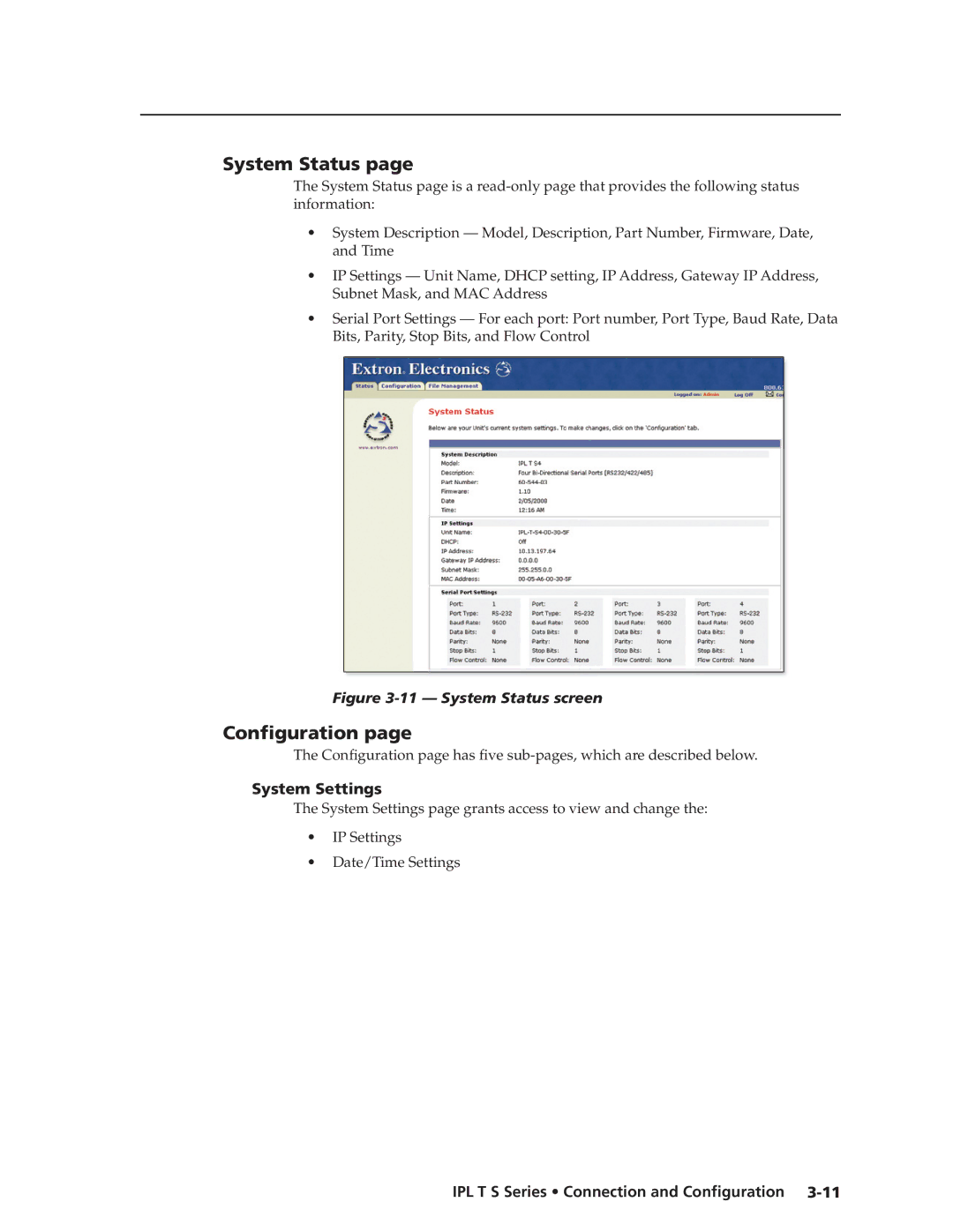 Extron electronic IPL T S Series manual System Status, Configuration, System Settings, IP Settings Date/Time Settings 