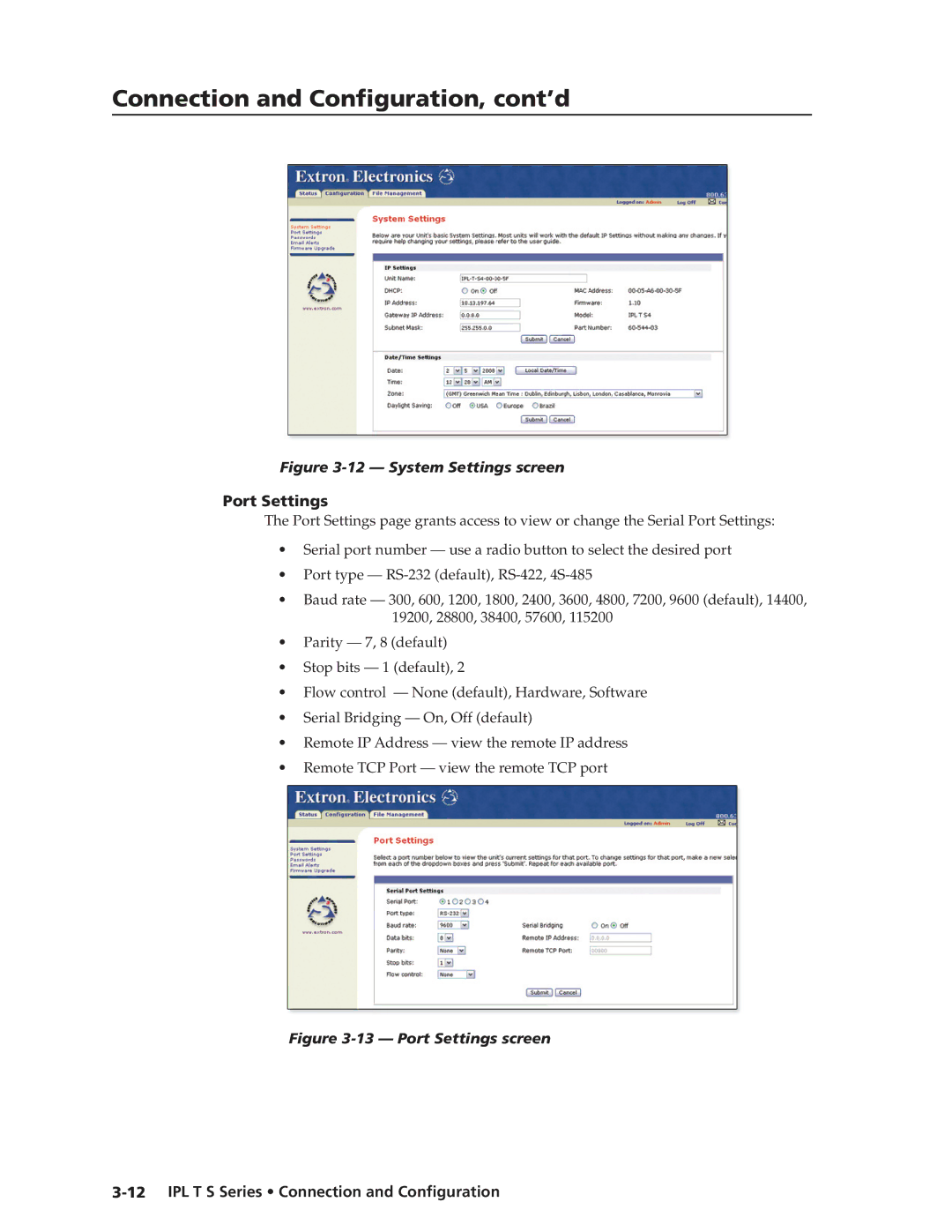 Extron electronic IPL T S Series manual System Settings screen, Port Settings 