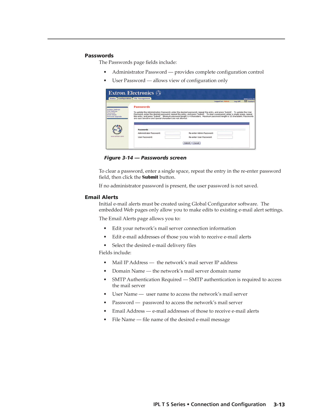 Extron electronic IPL T S Series manual Passwords, Email Alerts 