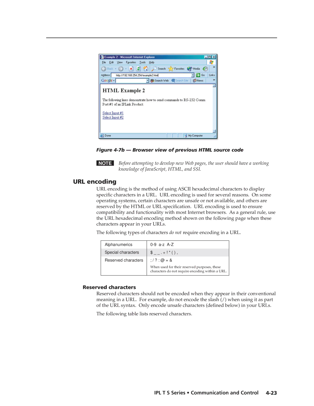 Extron electronic IPL T S Series manual URL encoding, Reserved characters, Z A-Z $ . + ! * , / ? @ = 