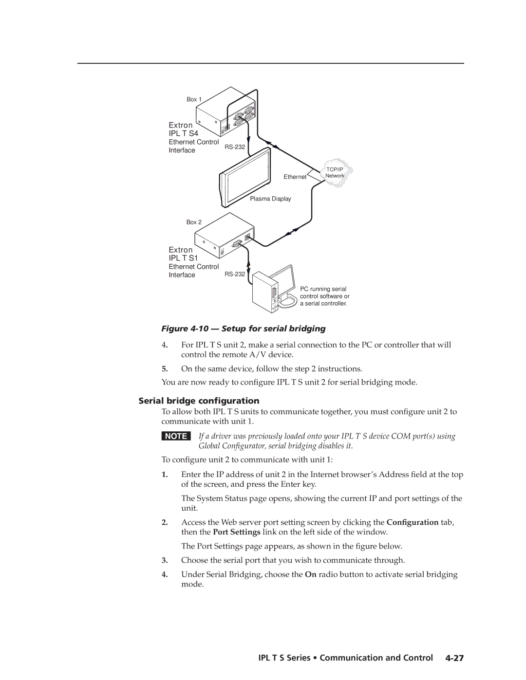 Extron electronic IPL T S Series manual Serial bridge configuration, IPL T S4 