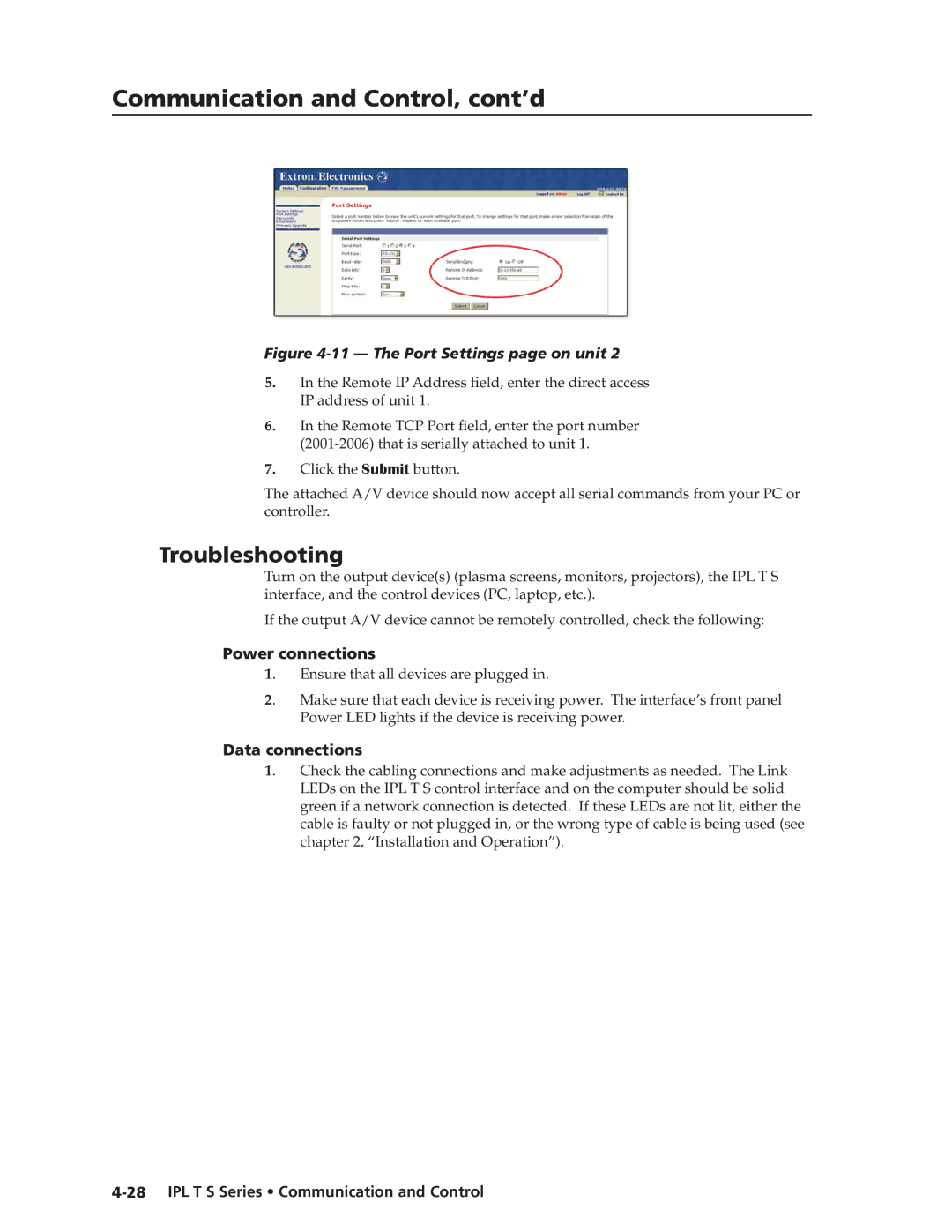 Extron electronic IPL T S Series manual Troubleshooting, Power connections, Data connections 