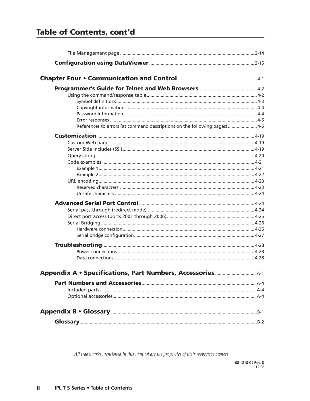 Extron electronic IPL T S Series manual Table of Contents, cont’d 