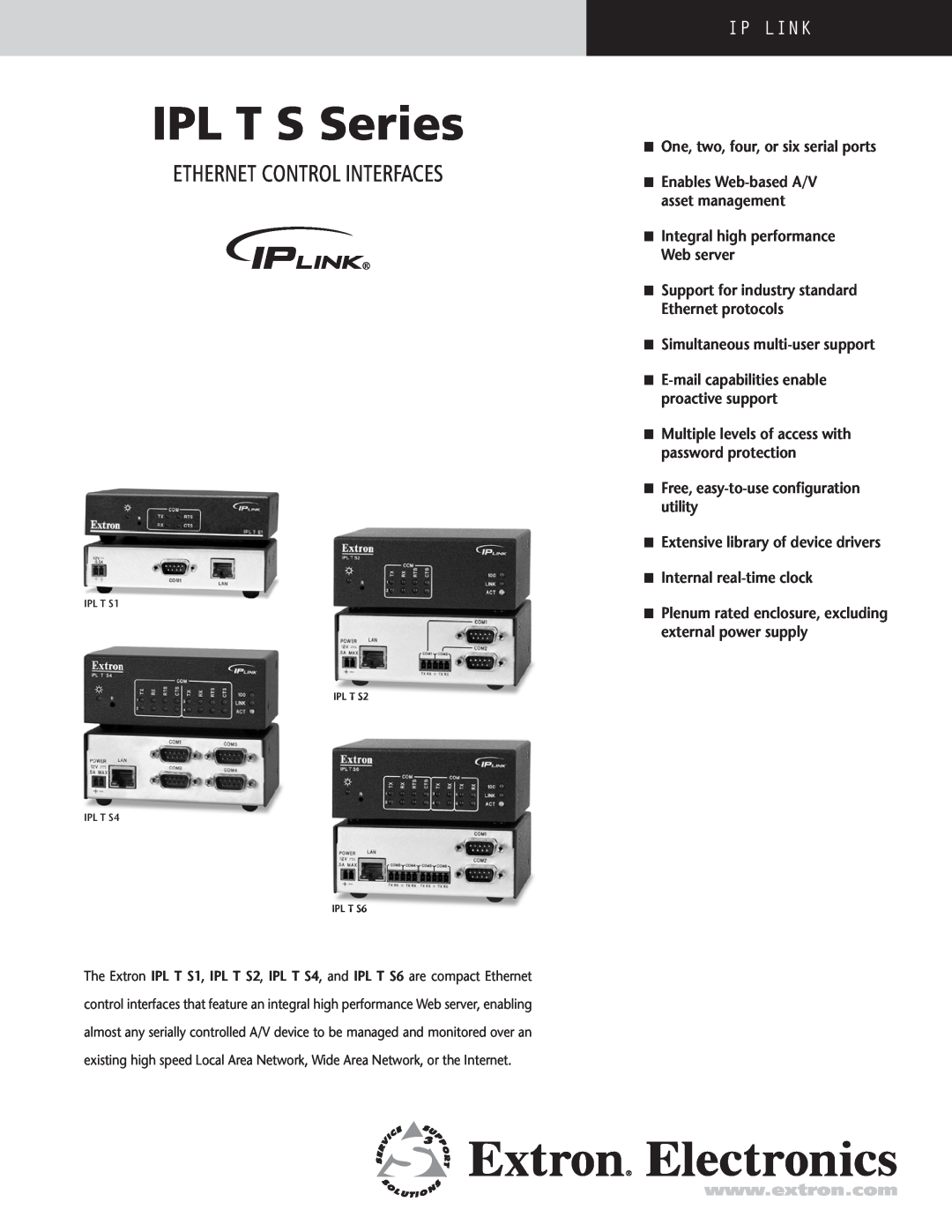 Extron electronic manual Ethernet Control Interfaces, n Enables Web-based A/V asset management, IPL T S Series, IP Link 