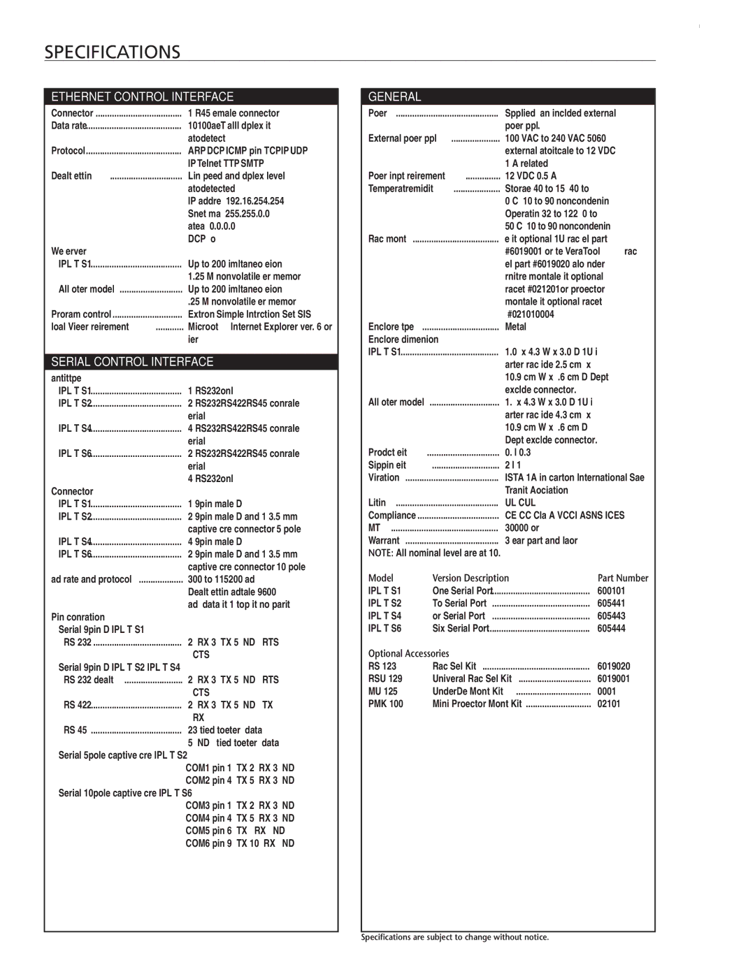 Extron electronic IPL T S manual Specifications, Model Version Description, Optional Accessories 