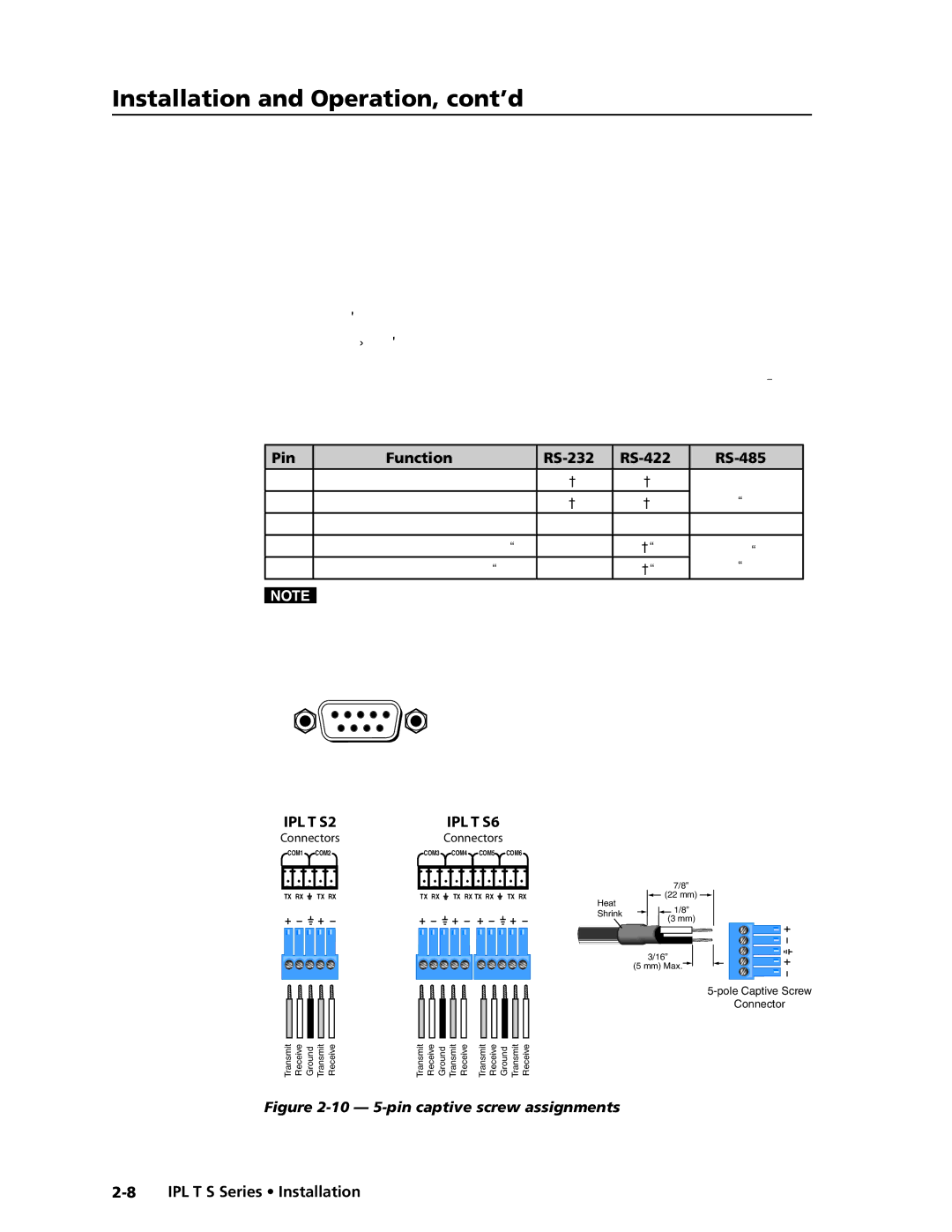 Extron electronic manual Pin Function RS-232 RS-422 RS-485, IPL T S Series Installation 