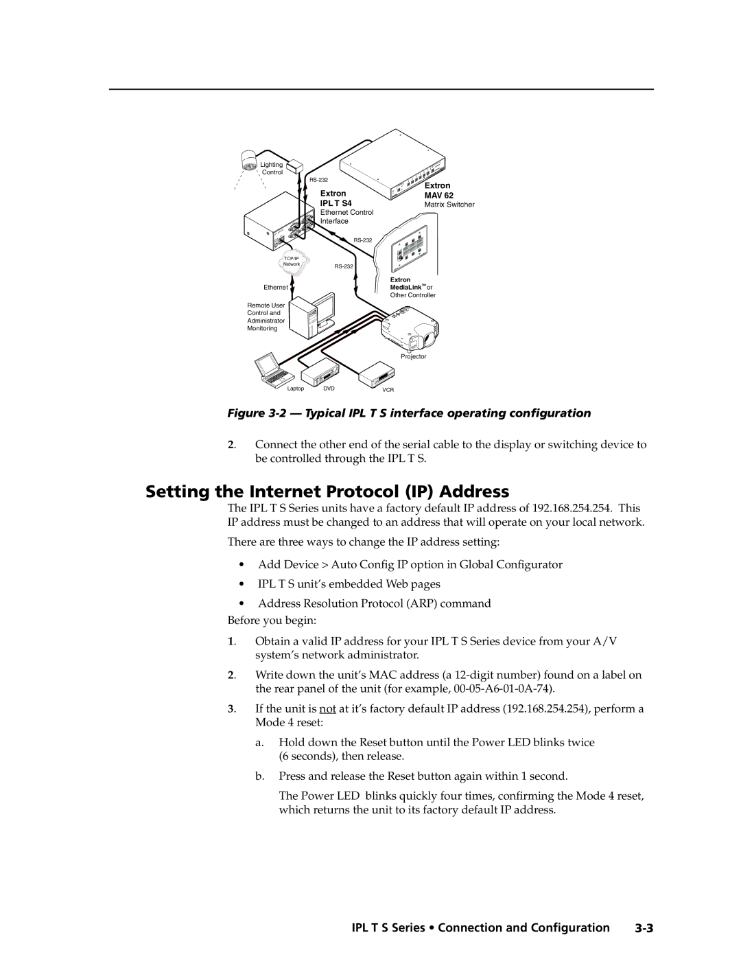 Extron electronic manual Setting the Internet Protocol IP Address, IPL T S4 