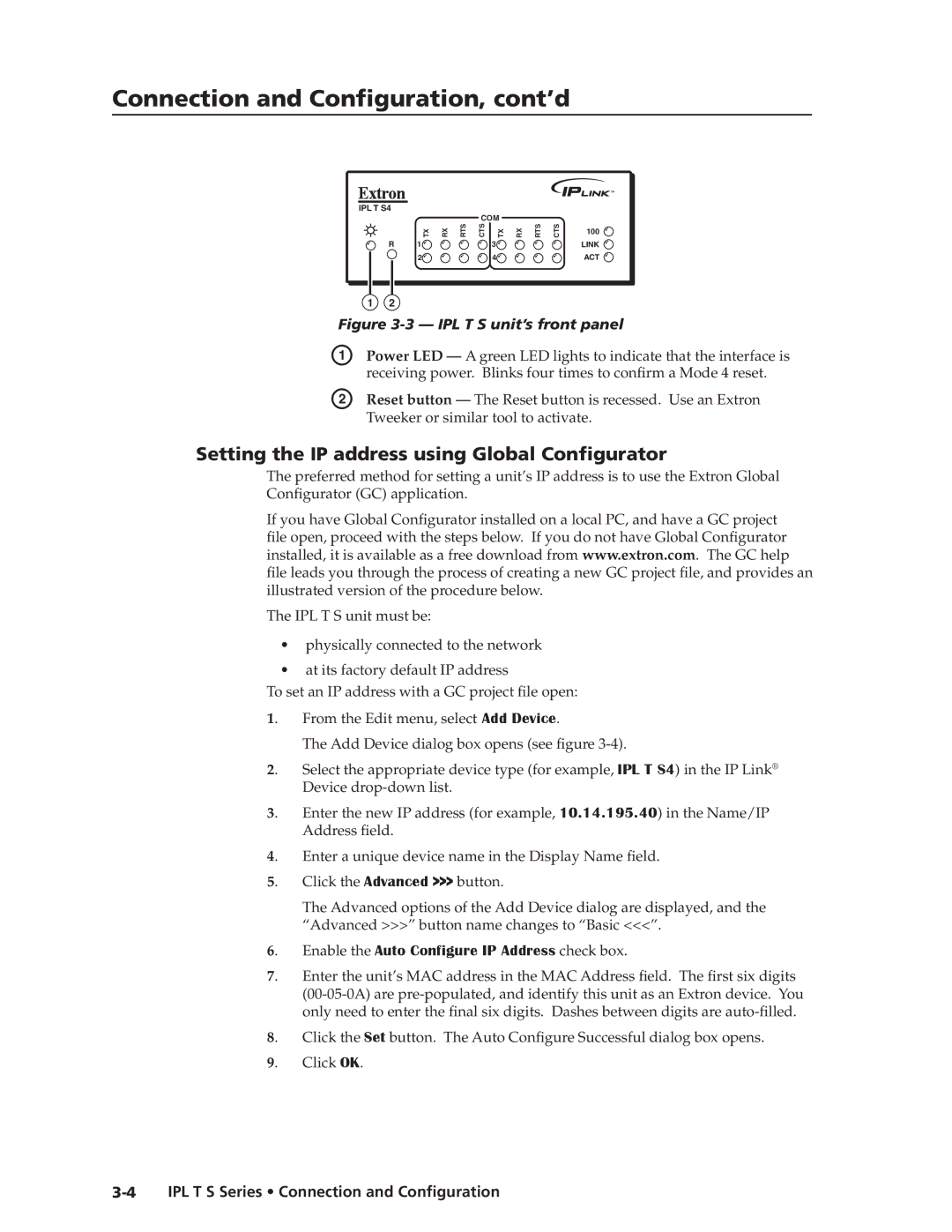 Extron electronic IPL T S manual Connection and Configuration, cont’d, Setting the IP address using Global Configurator 