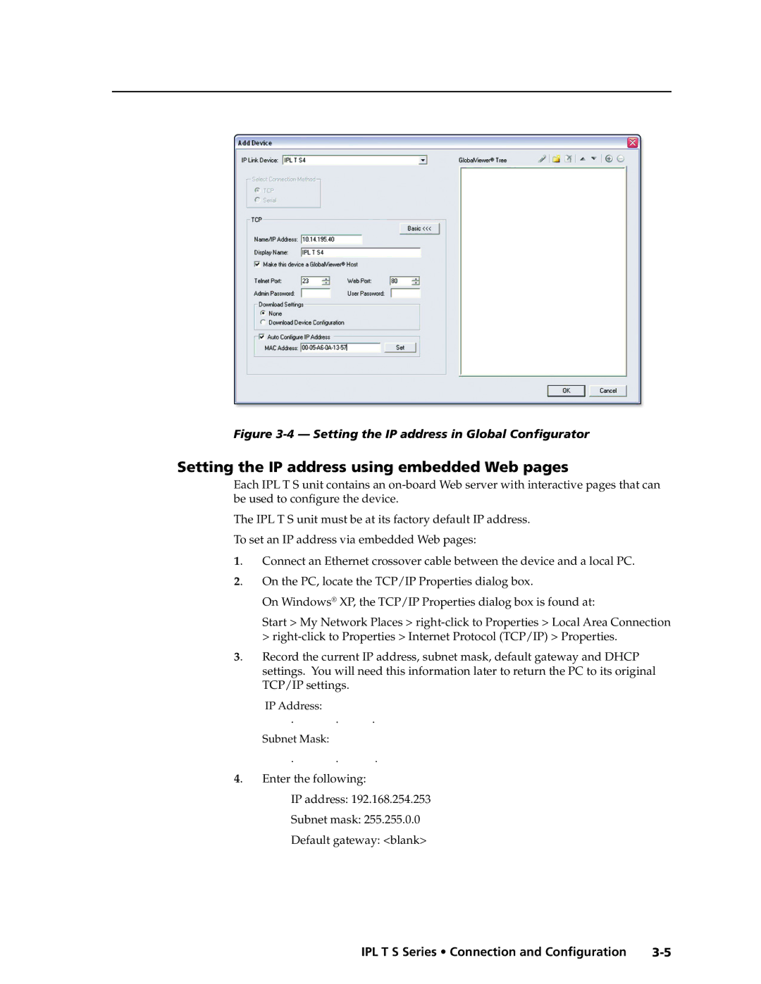 Extron electronic IPL T S Setting the IP address using embedded Web pages, Setting the IP address in Global Configurator 