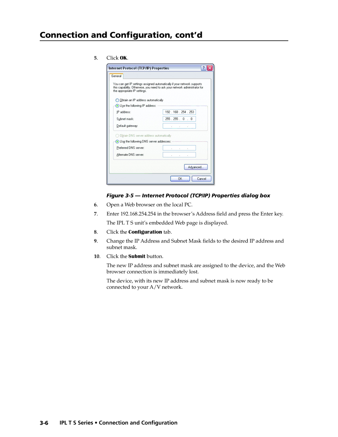 Extron electronic IPL T S manual Internet Protocol TCP/IP Properties dialog box 