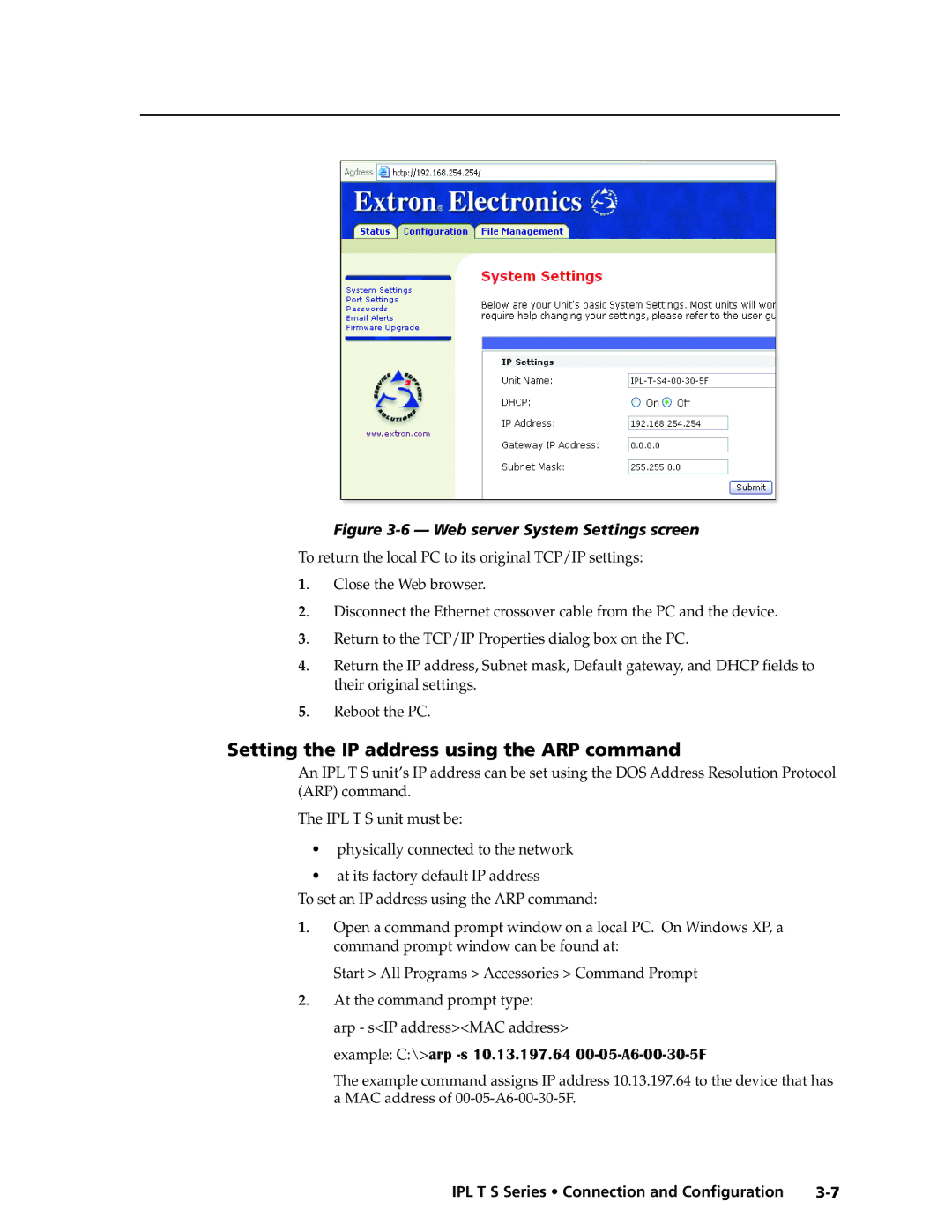 Extron electronic IPL T S Setting the IP address using the ARP command, Example C\arp -s 10.13.197.64 00-05-A6-00-30-5F 