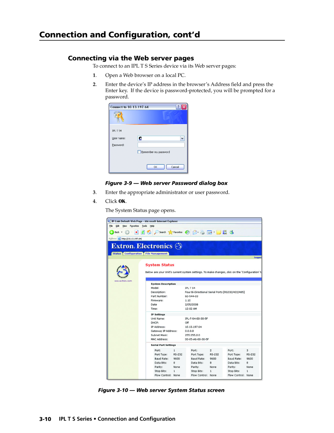 Extron electronic IPL T S manual Connecting via the Web server pages, Web server Password dialog box 